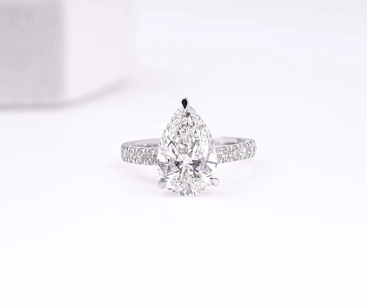 Hidden Halo Solitaire Accent Pear Shape Lab Diamond Engagement Ring