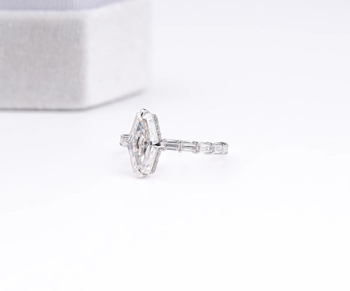 Solitaire Hidden Halo Antique Lozenge Shape Lab Diamond Engagement Ring