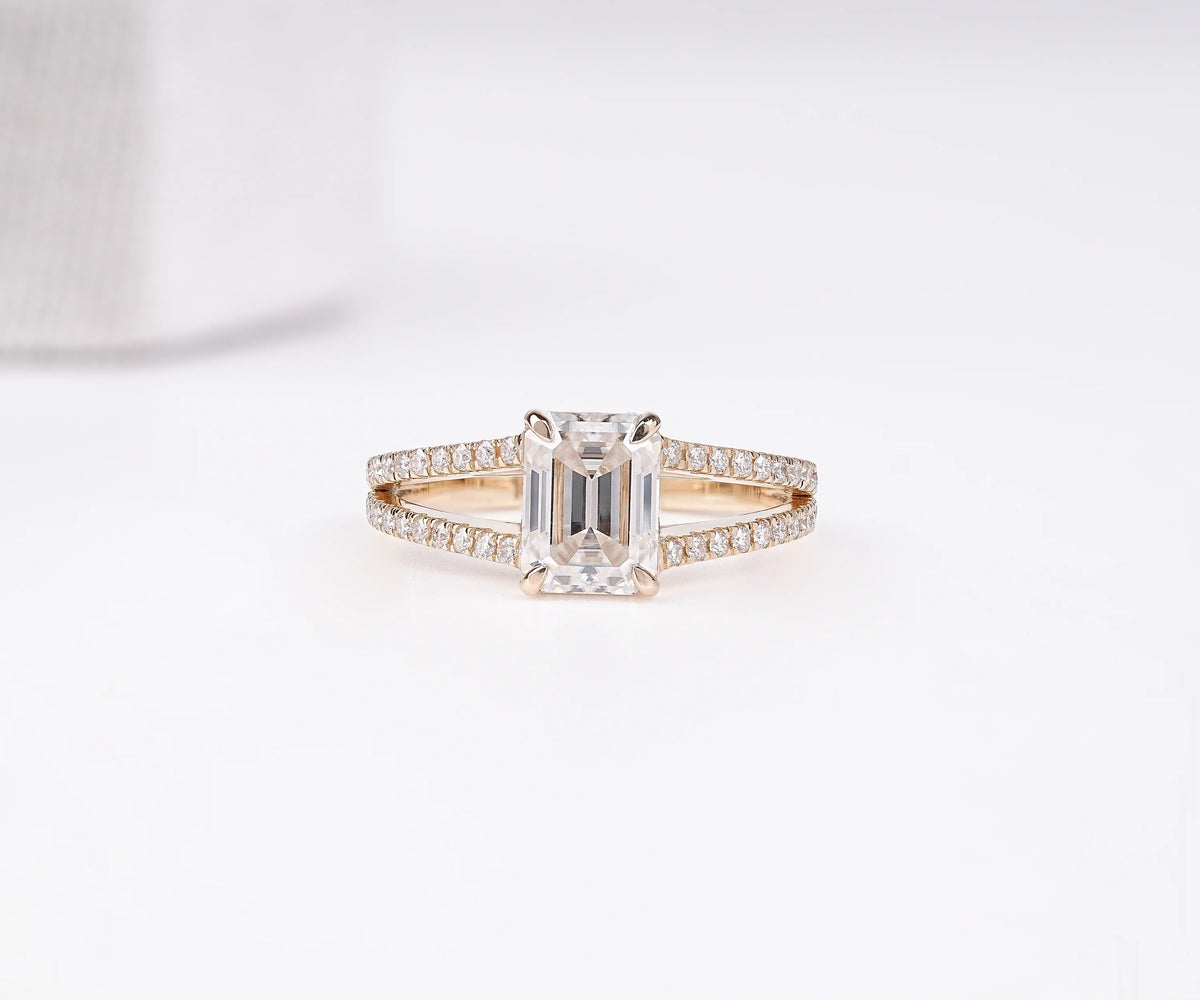 Hidden Halo Split Shank Emerald Shape Lab Diamond Engagement Ring