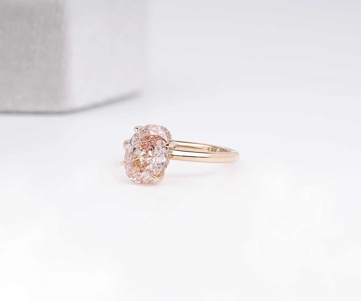 Solitaire Hidden Halo Tilted Fancy Pink Oval Shape Lab Diamond Engagement Ring