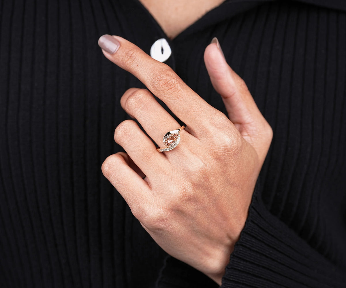 East-West Bypass Pavé Fancy Champagne Pear Shape Lab Diamond Engagement Ring