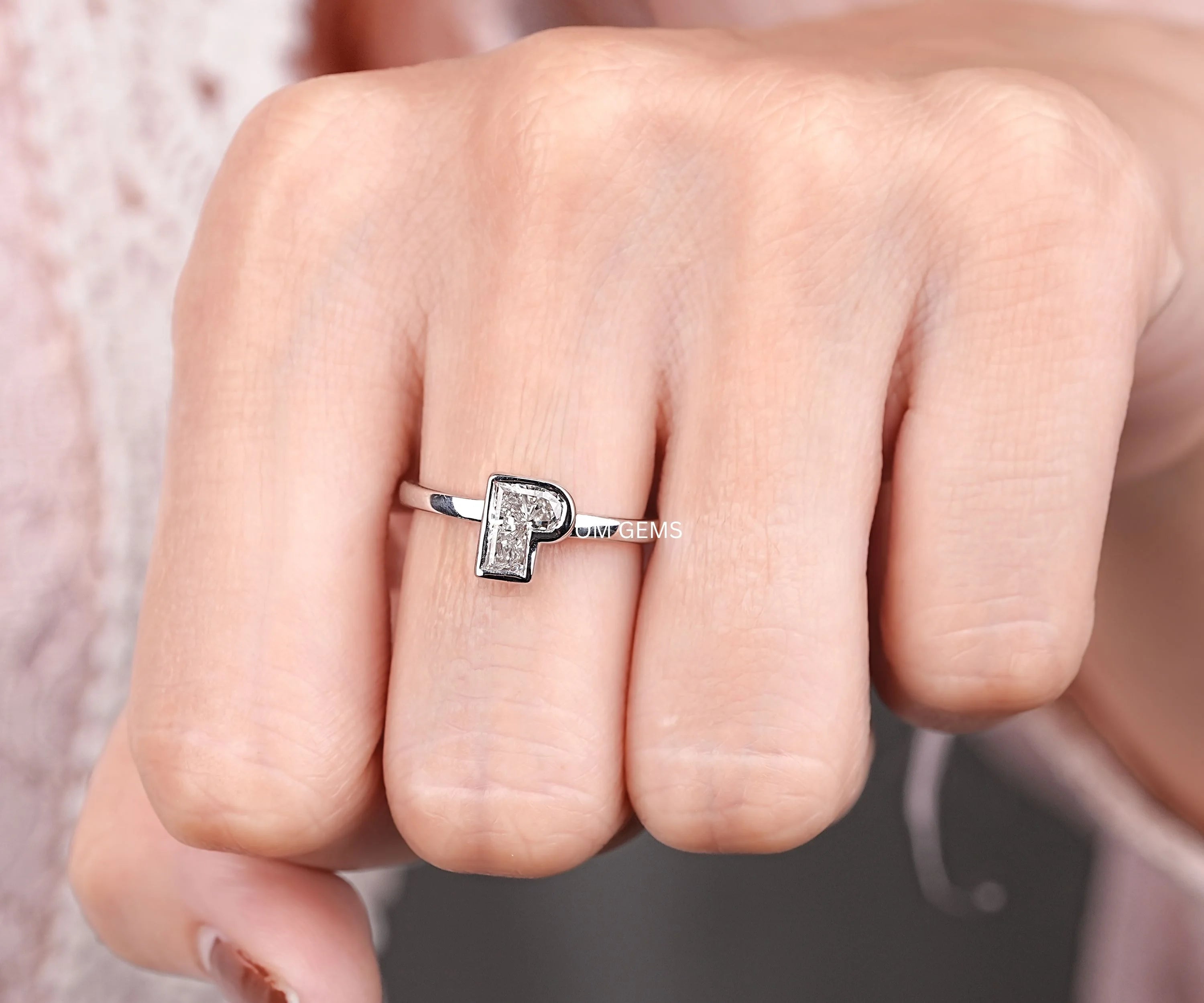 Initial Letter P Shaped Lab Diamond Bezel Set Ring