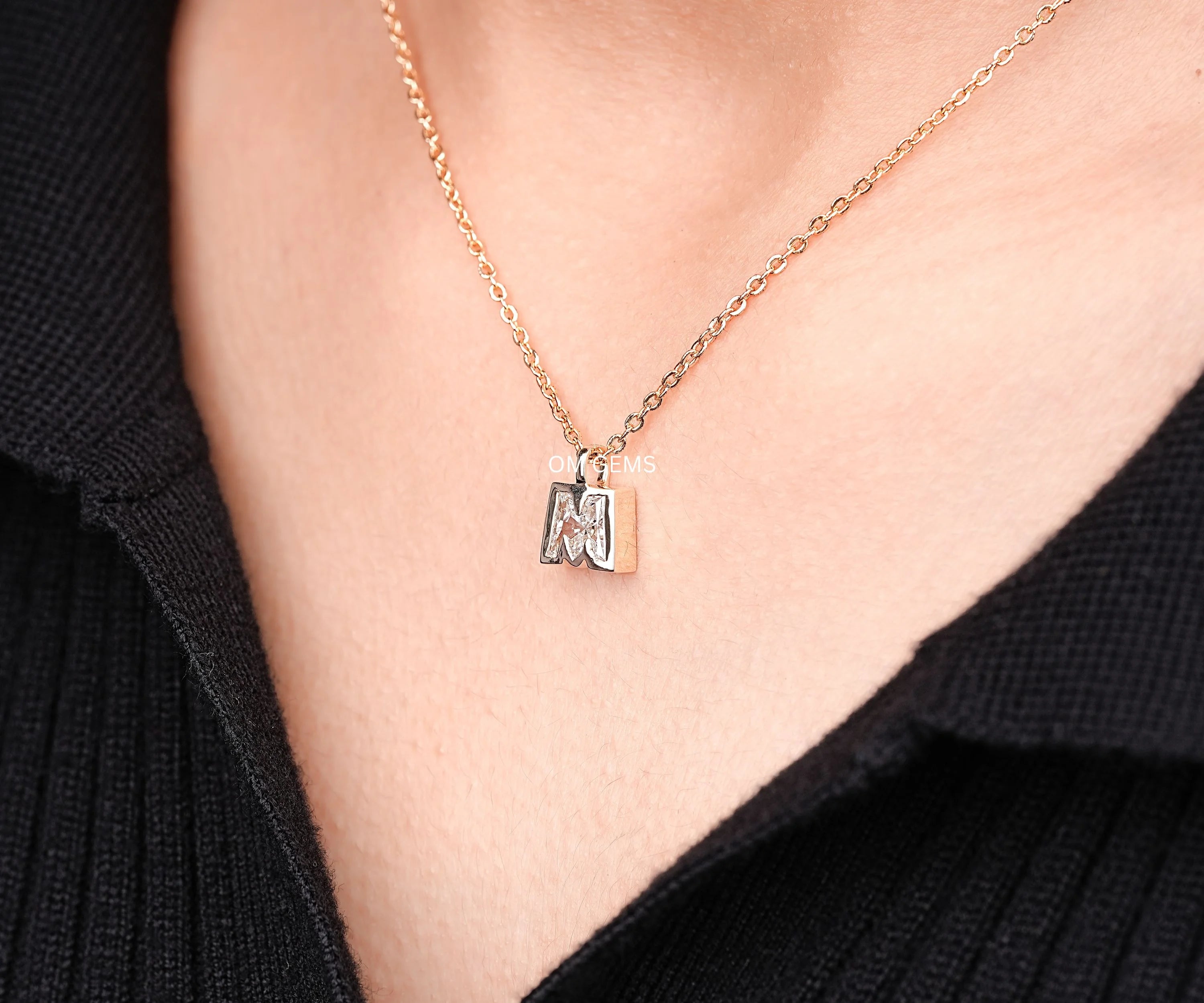 Initial M Letter Lab Grown Diamond Bezel Set Pendant