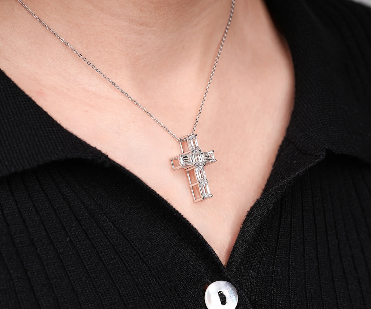 Cross Shape Emerald Cut Lab Grown Diamond Gift for Her Pendant