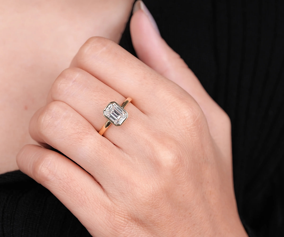 Solitaire Bezel Emerald Shape Lab Diamond Engagement Ring