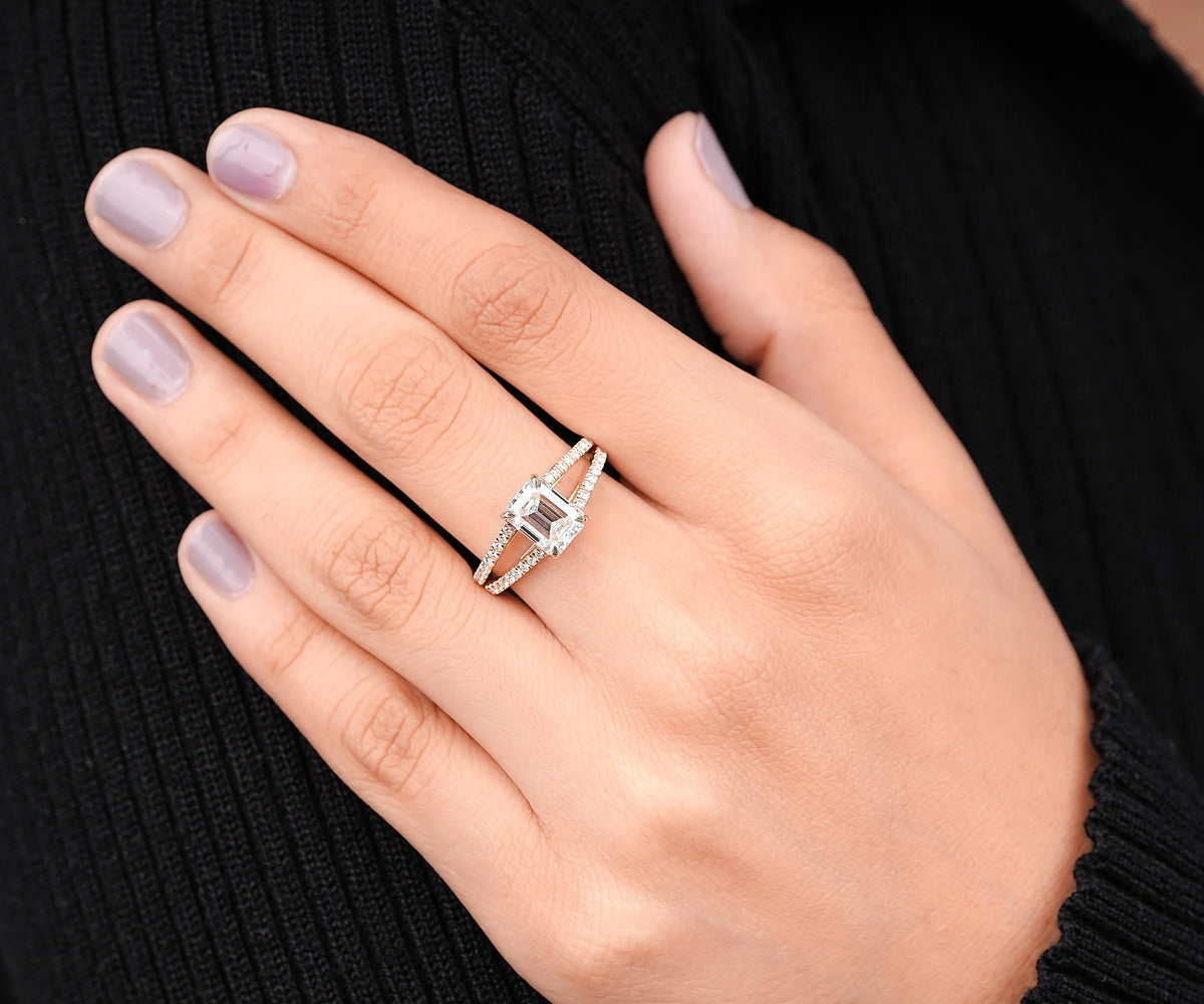 Hidden Halo Split Shank Emerald Shape Lab Diamond Engagement Ring