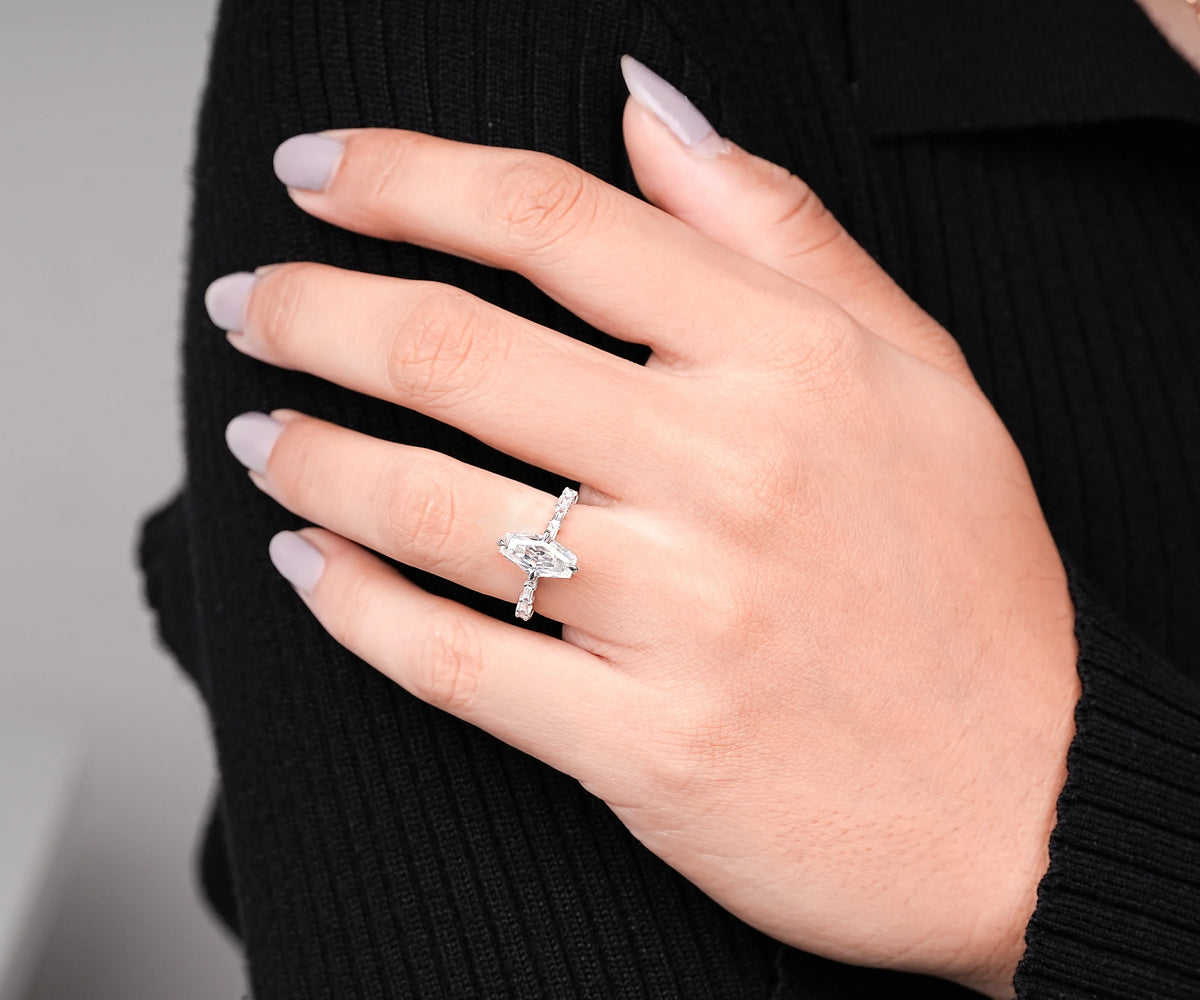 Solitaire Hidden Halo Antique Lozenge Shape Lab Diamond Engagement Ring