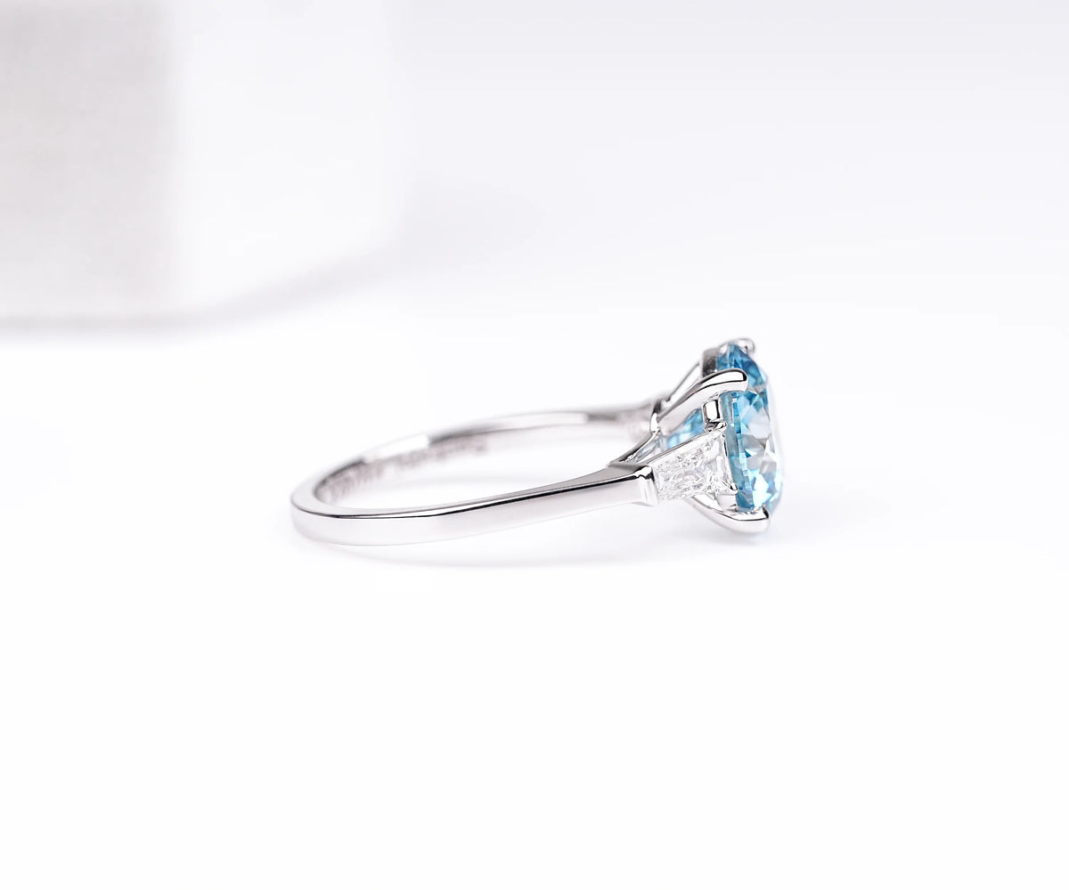 Three Stone Fancy Blue Round Shape Lab Diamond Engagement Ring