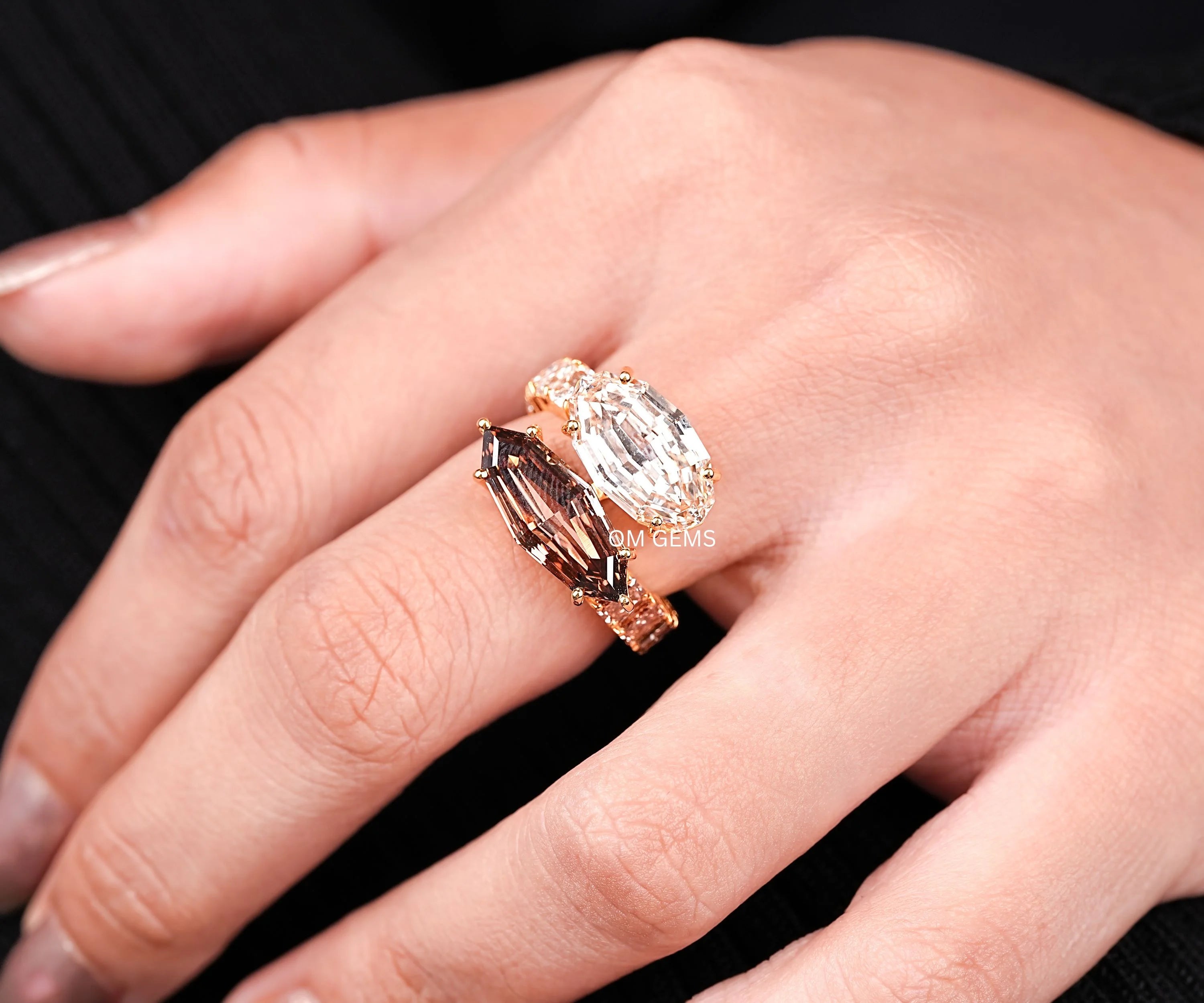 Marquise And Oval Step Cut Two Stone Open Cuff Ring