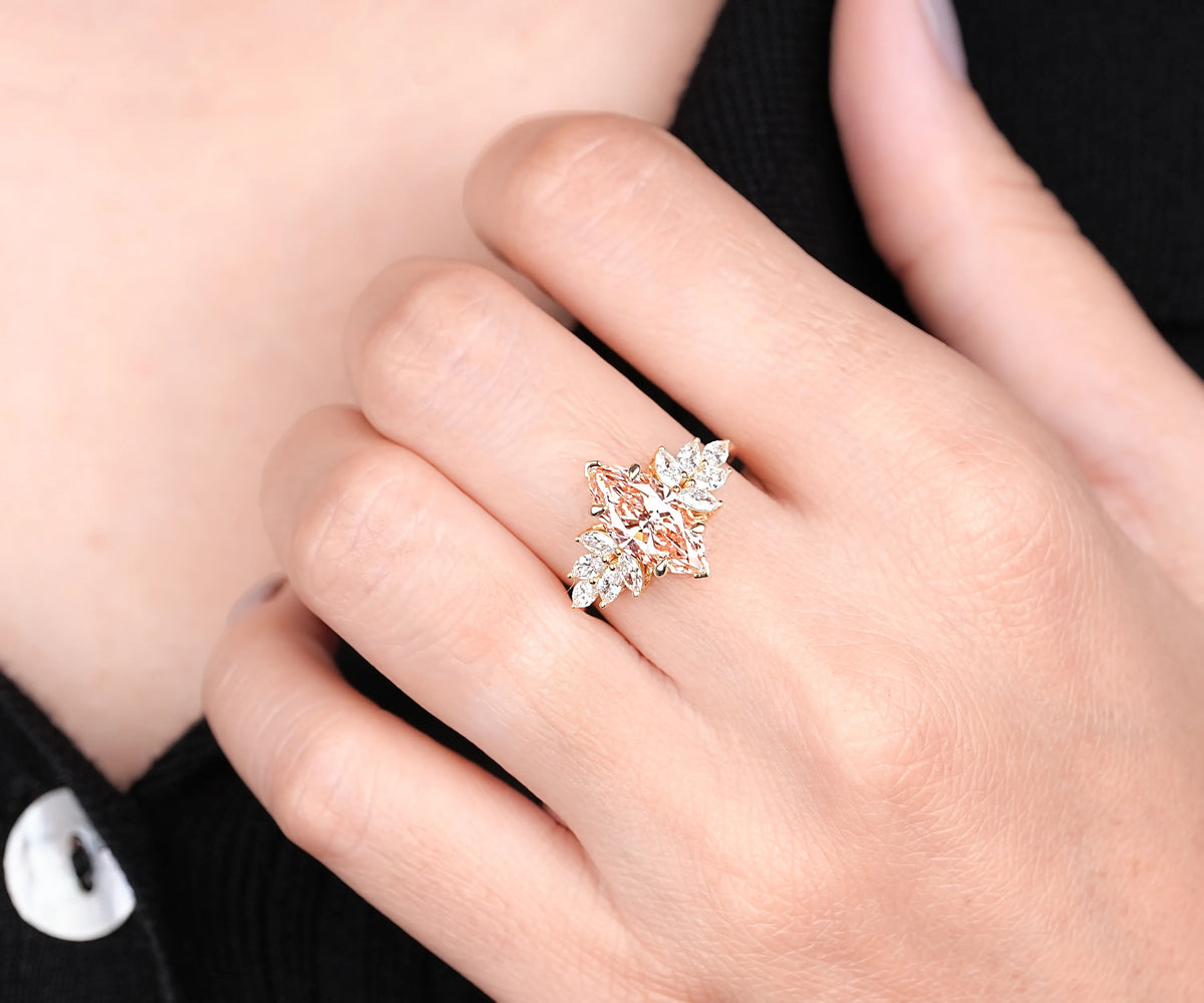 Floral Cluster Fancy Pink Marquise Shape Lab Diamond Engagement Ring