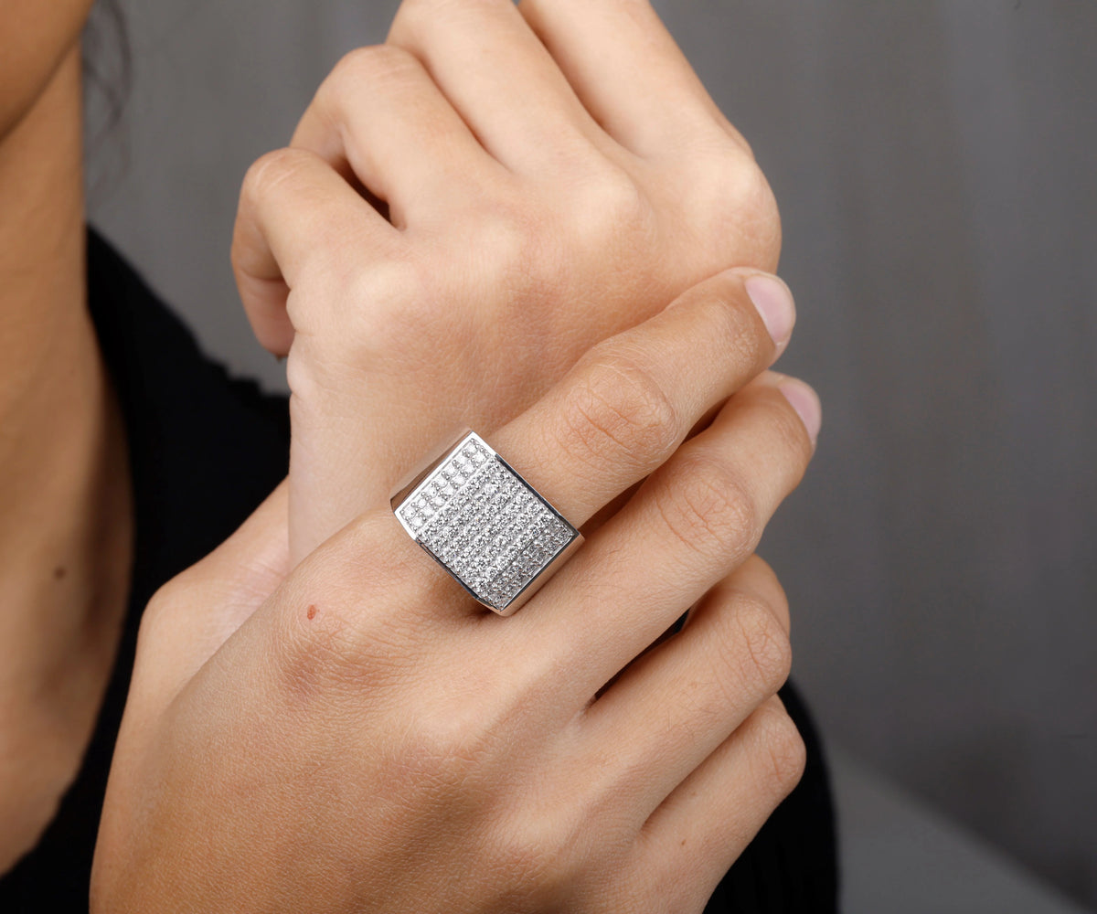 Men's Pavé Signet Round Shape Gemstone Wedding Ring