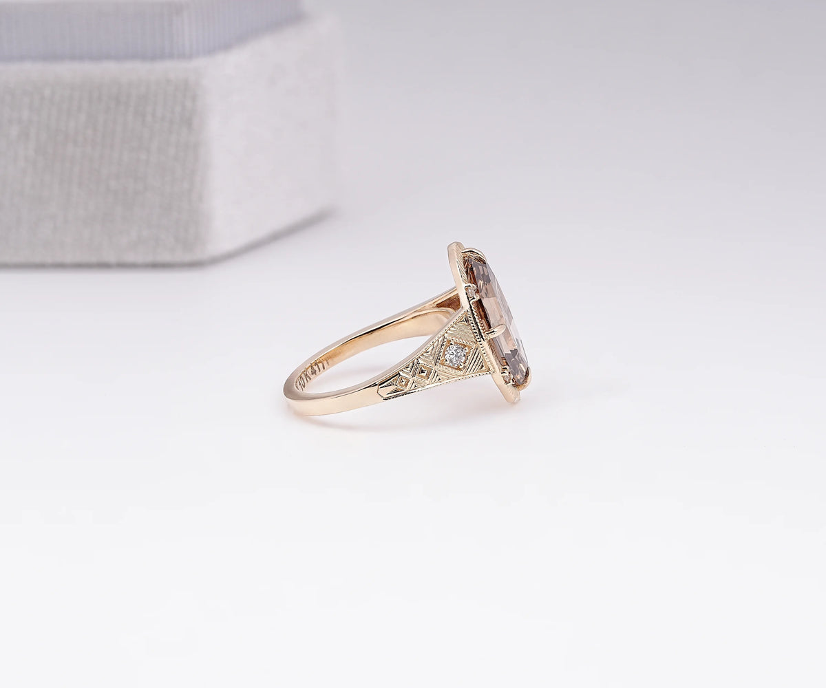 Art Deco Milgrain Fancy Brown Oval Shape Lab Diamond Engagement Ring