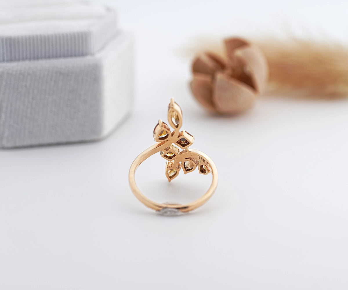 Floral Cluster Marquise Pear and Cushion Fancy Color Natural Diamond Anniversary Ring
