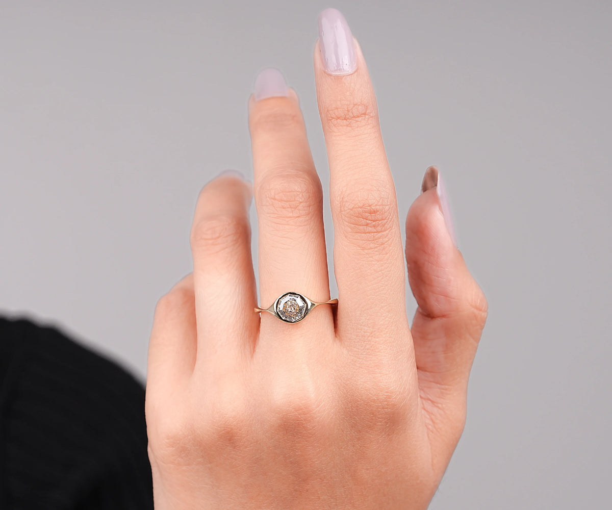 Solitaire Flush Set Octagonal Rose Cut Lab Diamond Engagement Ring