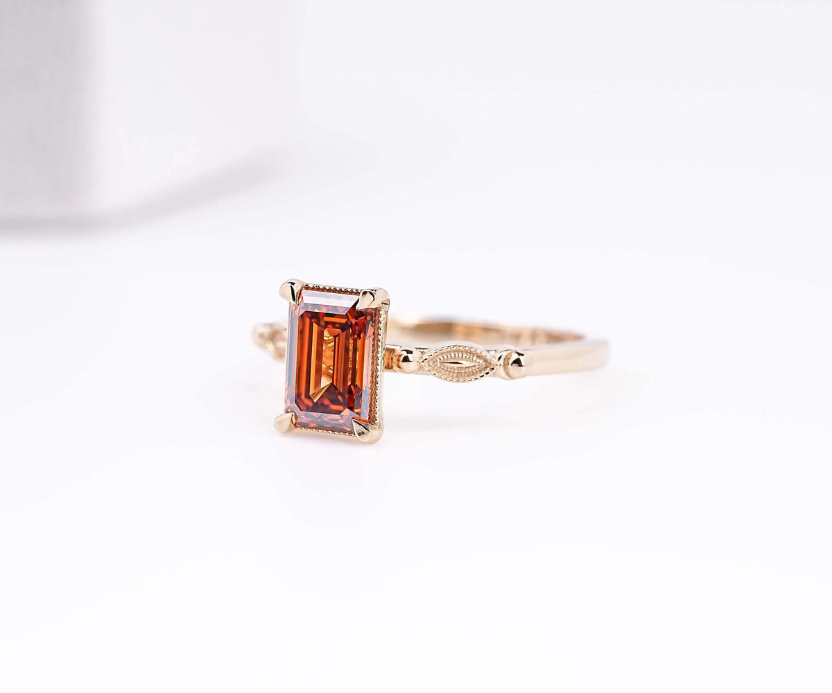 Art Deco Fancy Orange Emerald Shape Lab Diamond Anniversary Ring
