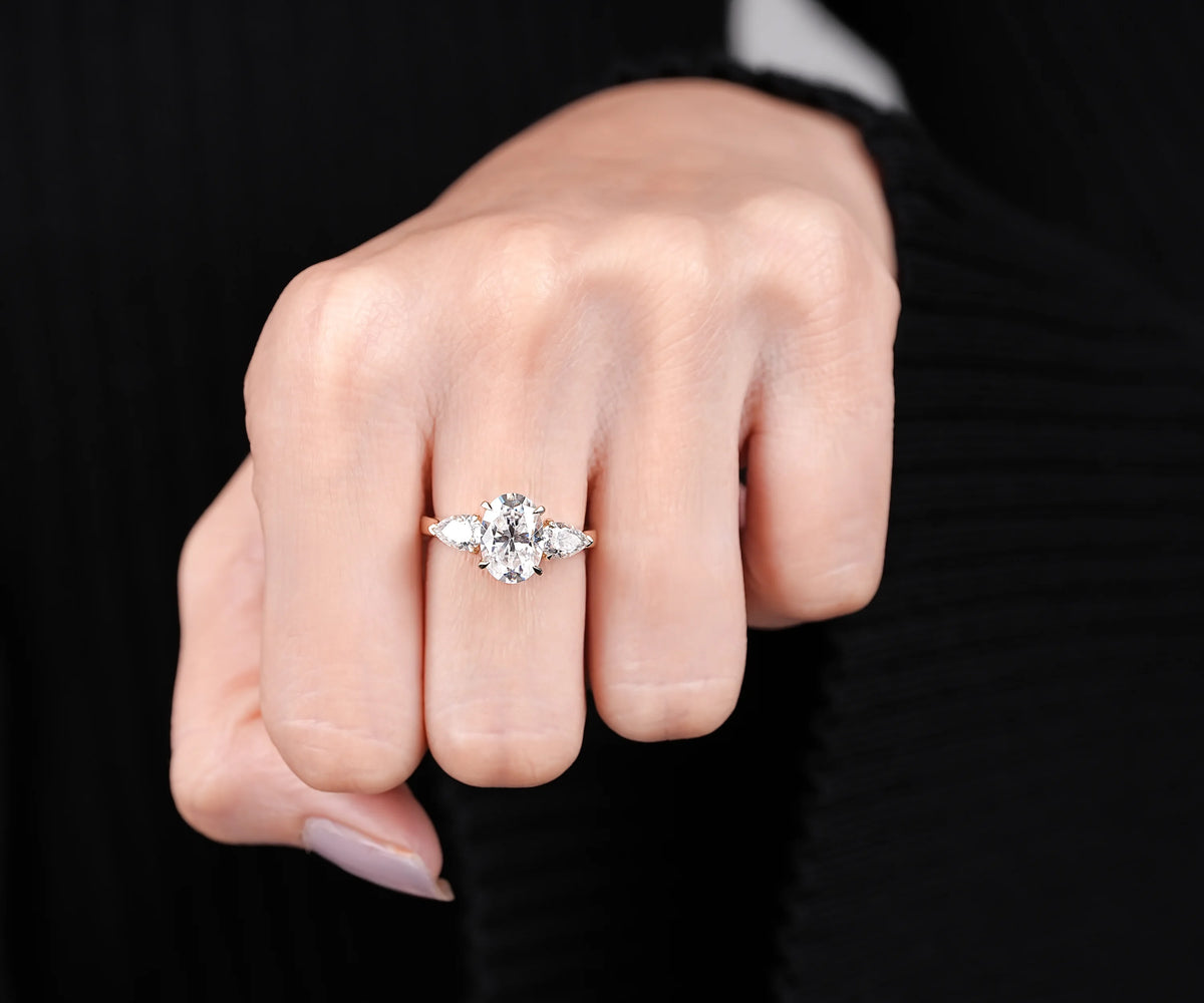 Oval & Pear Lab Grown Diamond Three Stone Engagement Ring
