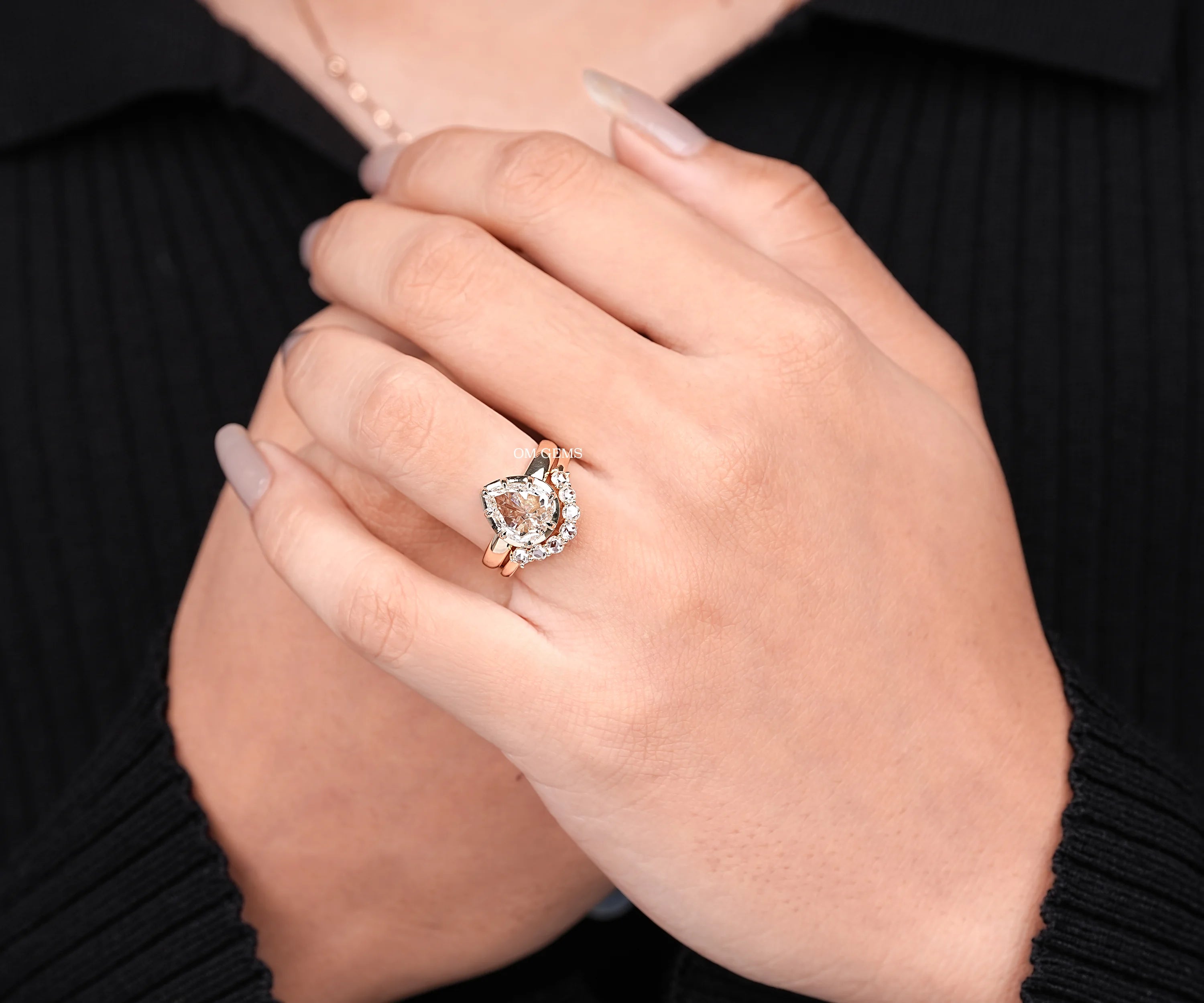 Georgian Cut Pear Champagne Diamond Bridal Ring Set