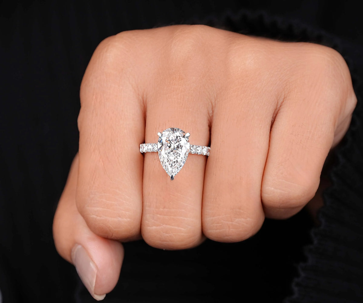 Hidden Halo Solitaire Accent Pear Shape Lab Diamond Engagement Ring