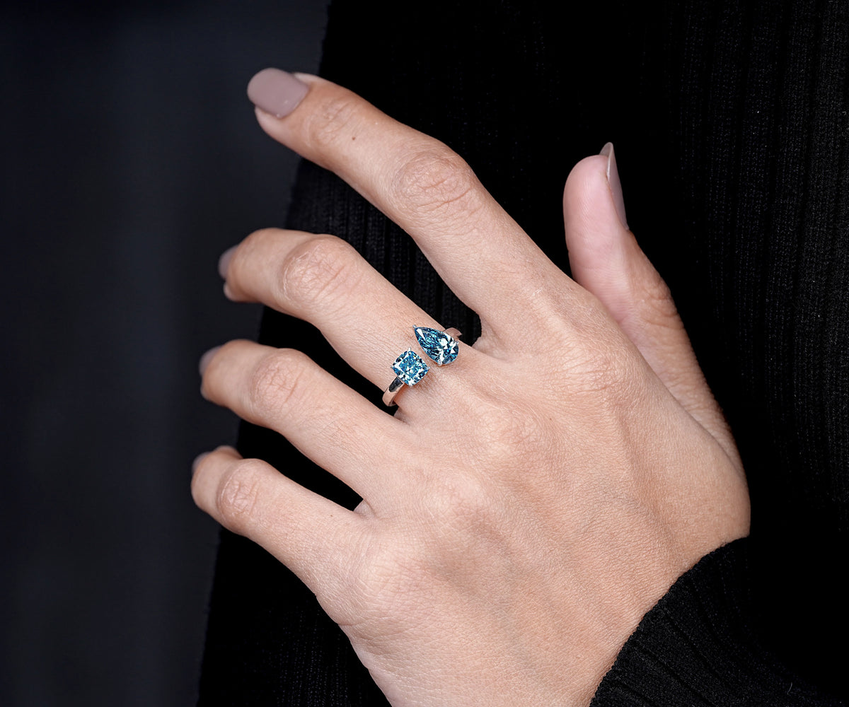 Toi Et Moi Fancy Blue Pear and Cushion Shape Lab Diamond Engagement Ring