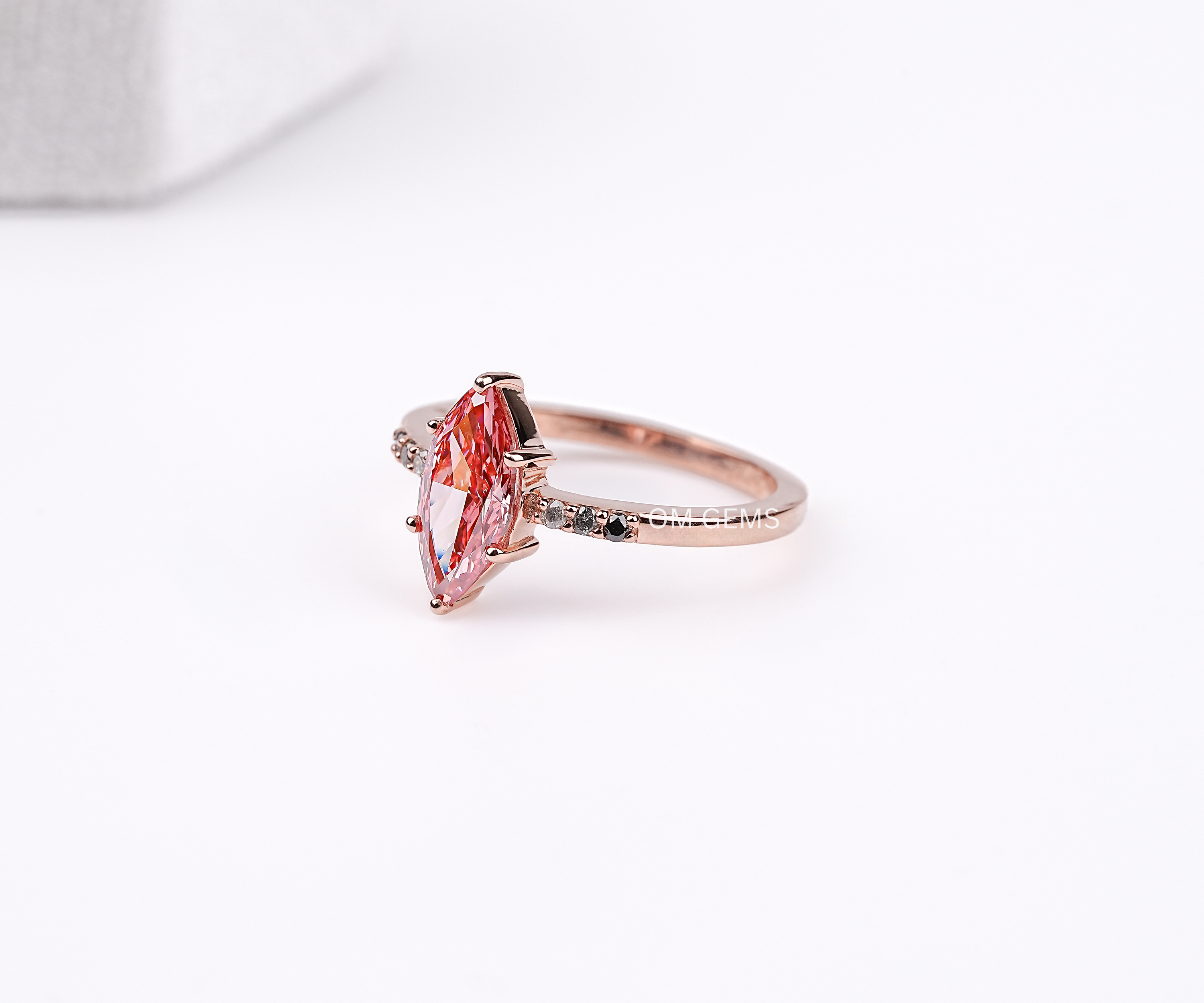 Pink Marquise Cut Lab Diamond Ring With  round salt and Pepper Accent