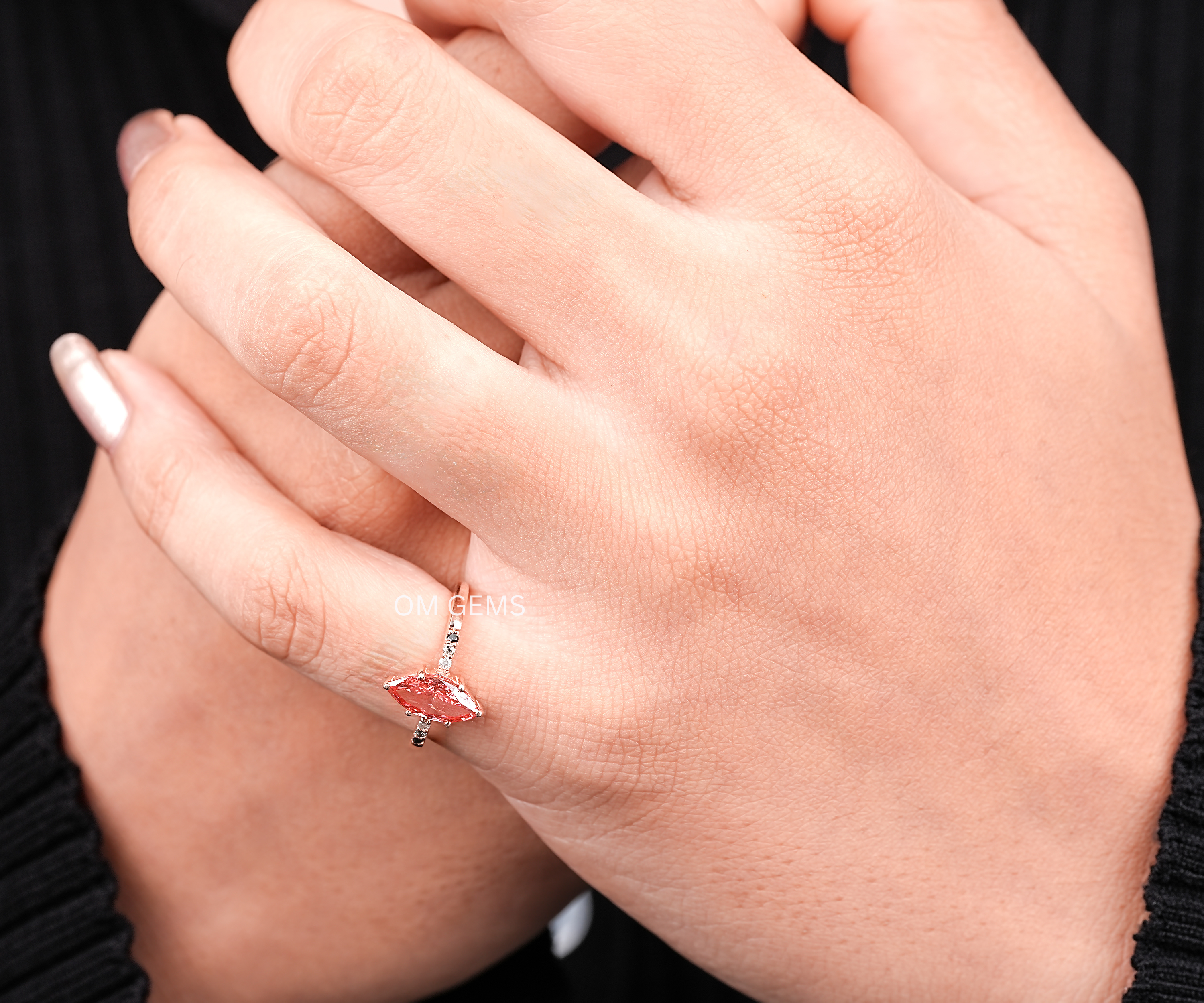 Pink Marquise Cut Lab Diamond Ring With  round salt and Pepper Accent