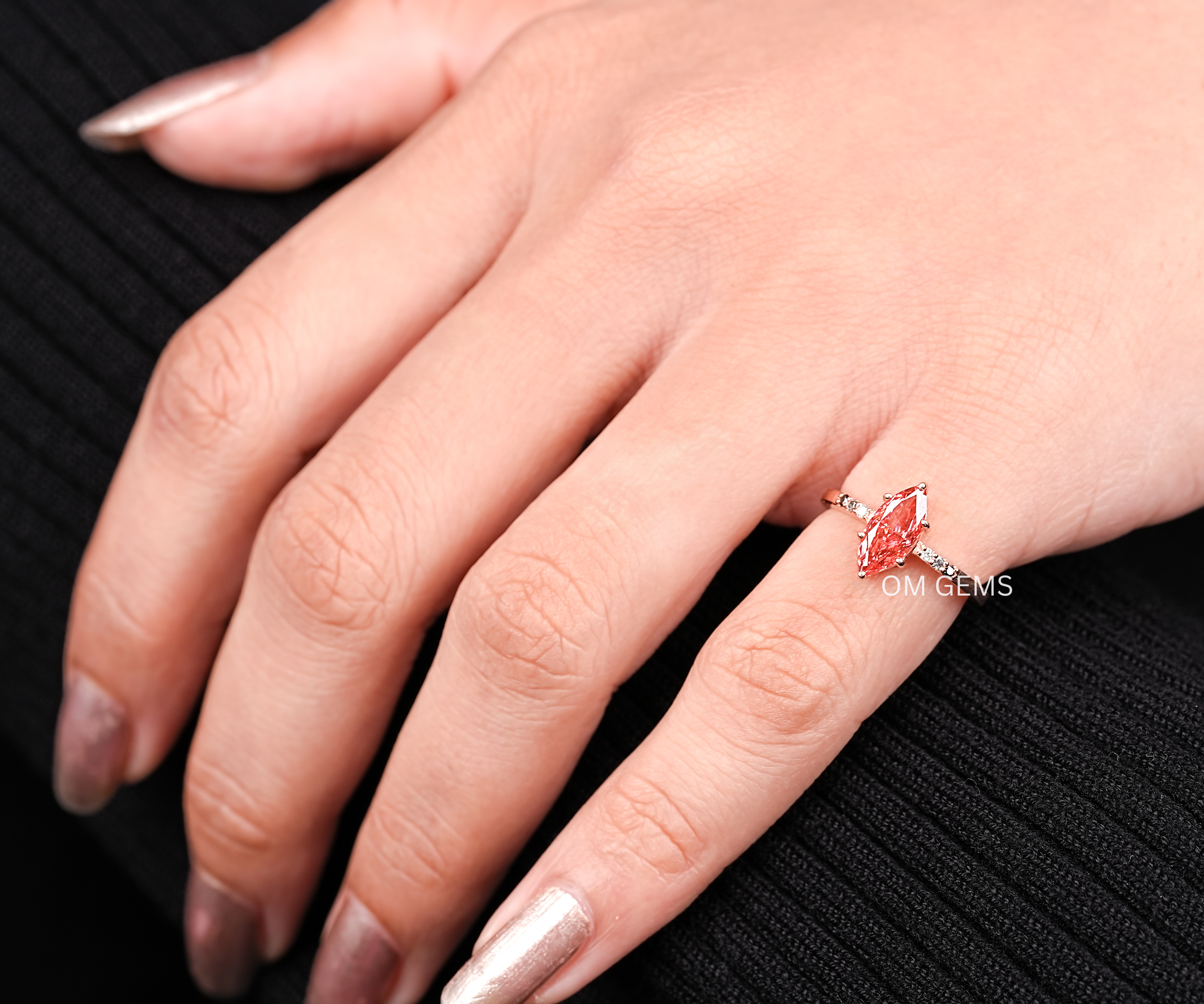 Pink Marquise Cut Lab Diamond Ring With  round salt and Pepper Accent