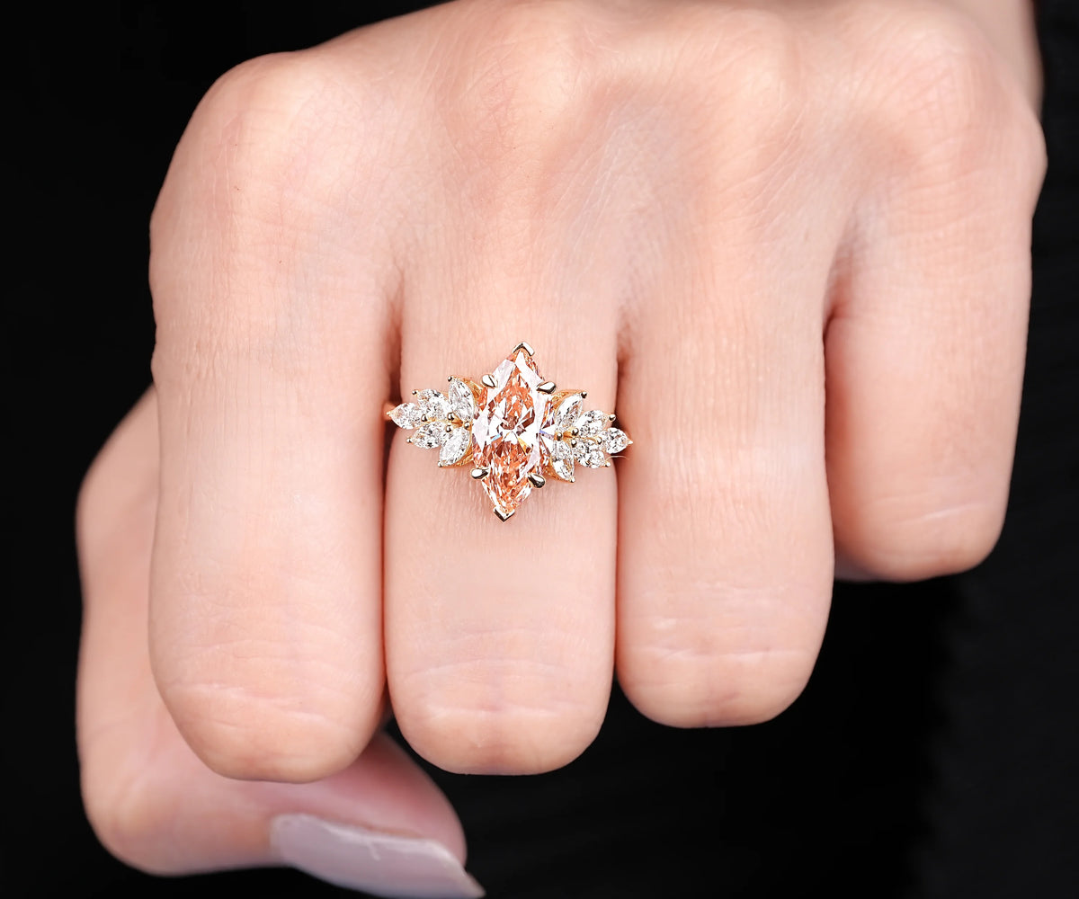 Floral Cluster Fancy Pink Marquise Shape Lab Diamond Engagement Ring