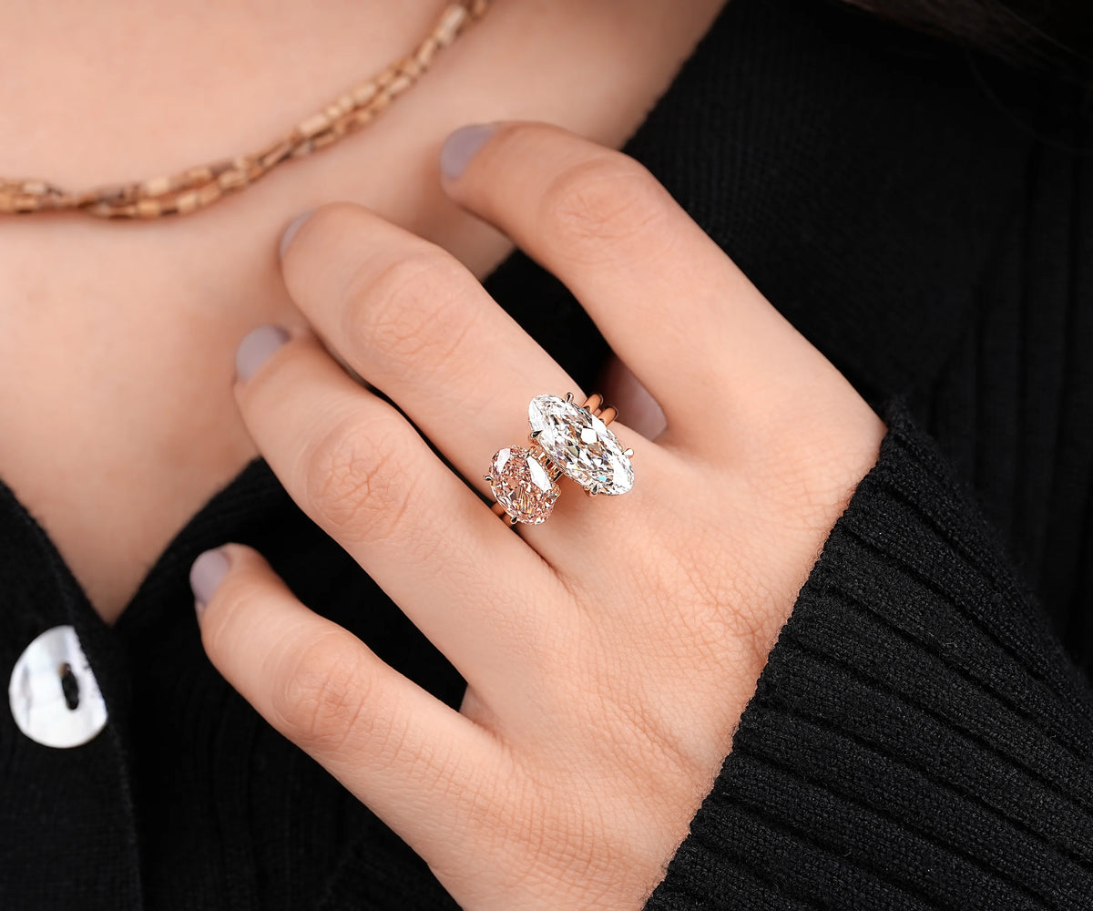 Toi Et Moi Hidden Halo Fancy Pink Oval and White Moval Lab Diamond Engagement Ring