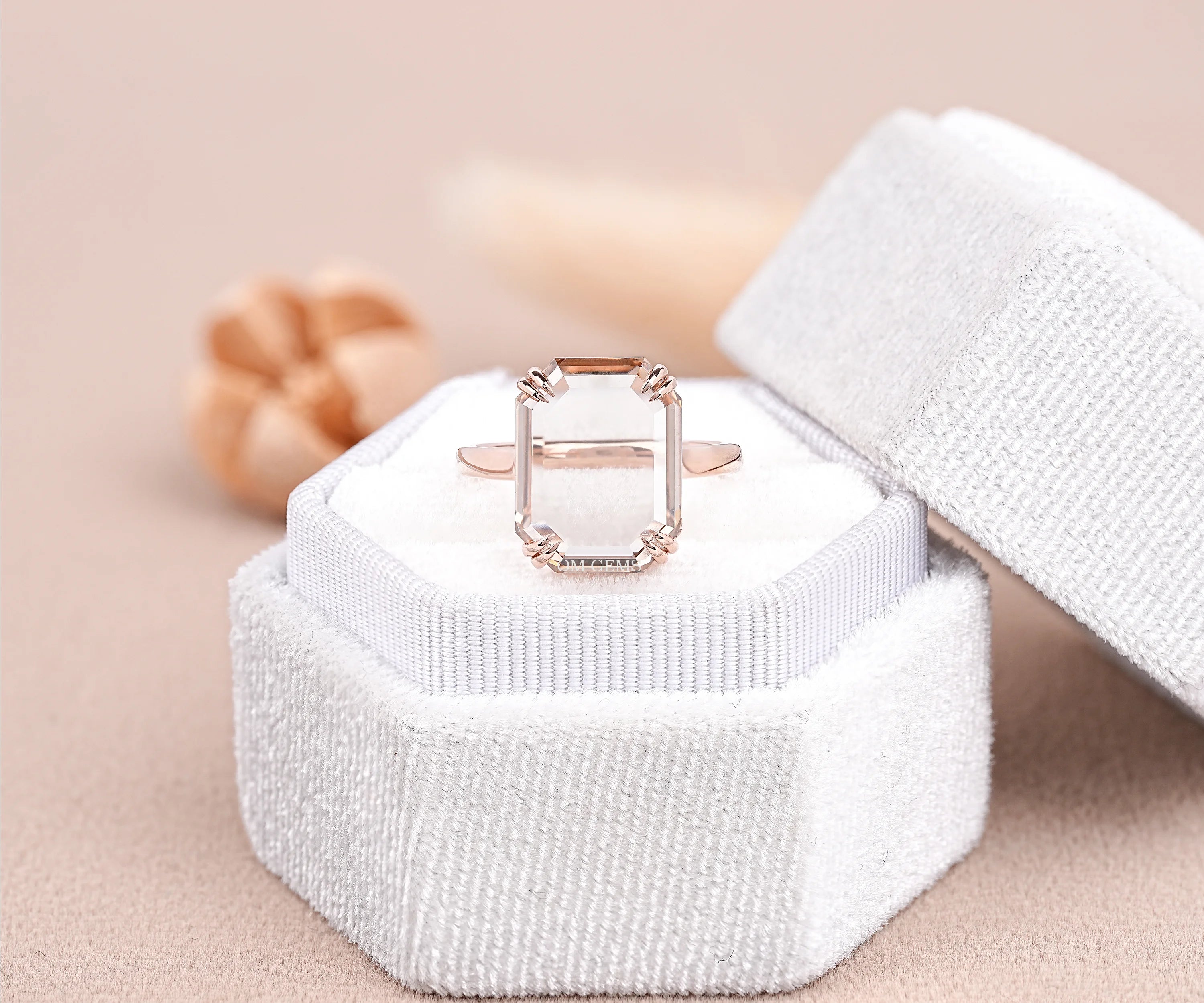 Portrait Cut Emerald Champagne Diamond Solitaire Ring