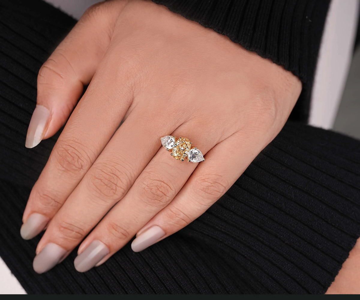 Three Stone Fancy Yellow Oval Lab Grown Diamond Engagement Ring