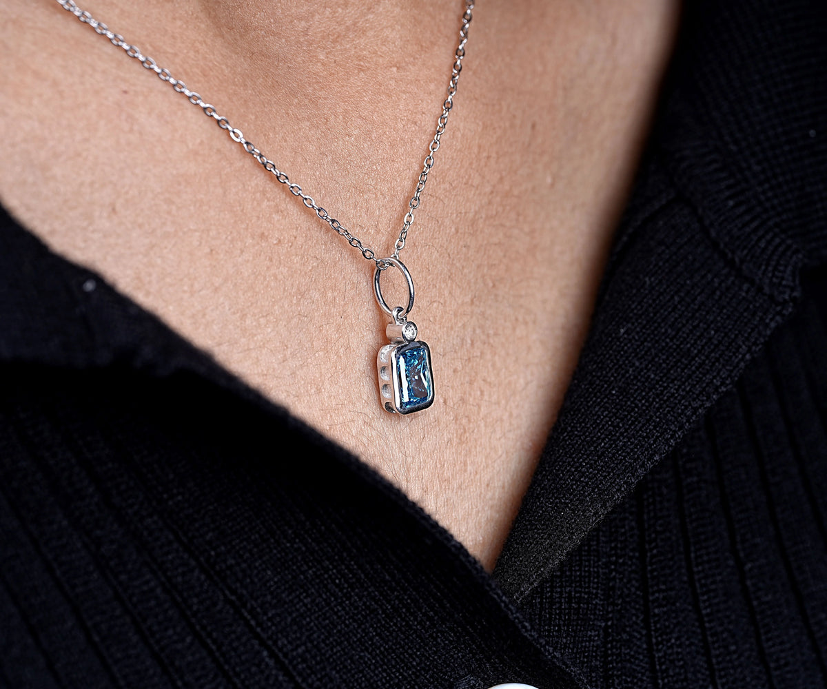 Bezel Set Fancy Blue Radiant Lab Grown Diamond Birthday Gift Pendant