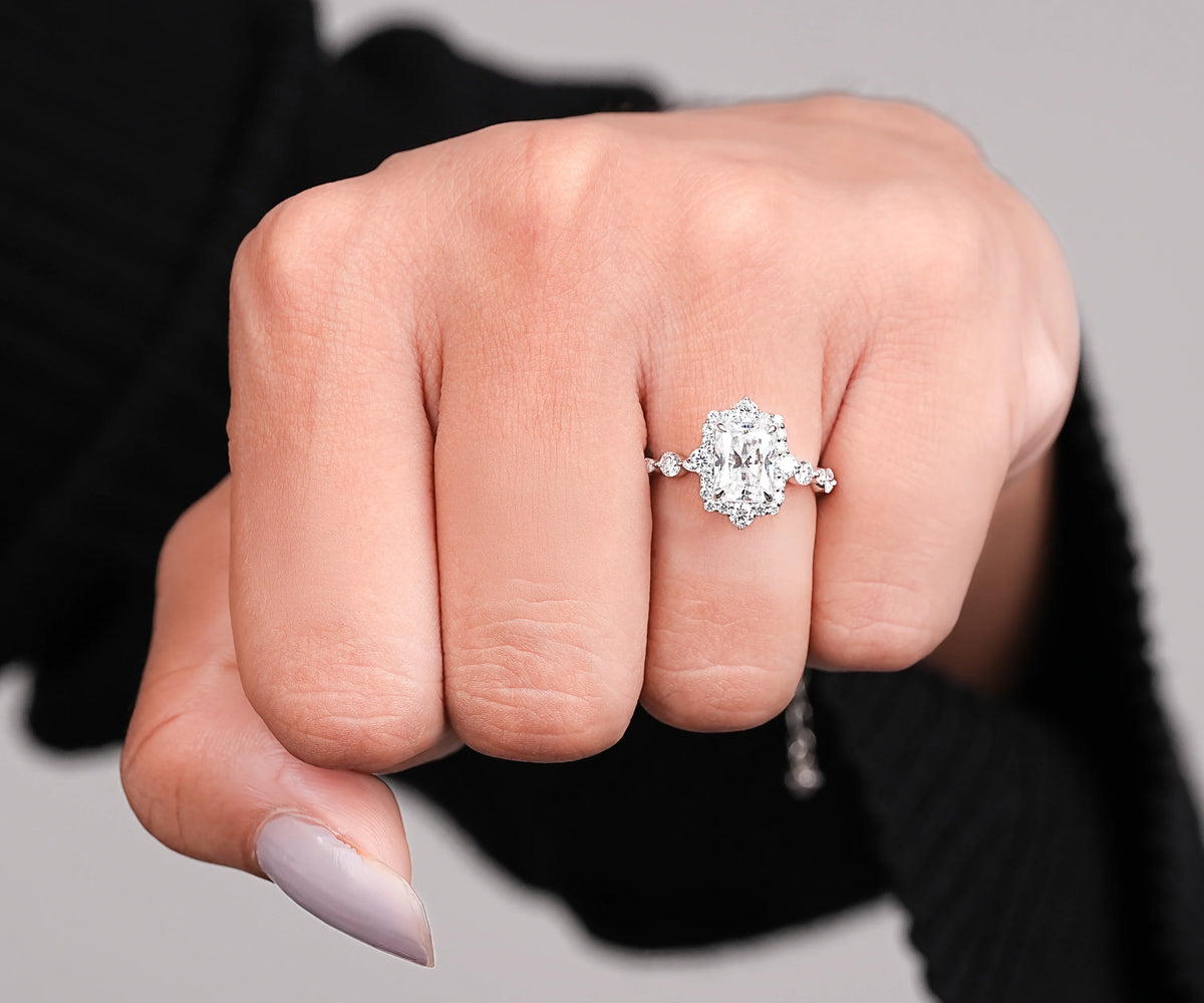 Halo Radiant Shape Side Alternate Set Accent Lab Diamond Engagement Ring