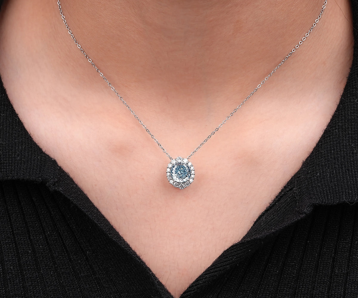 Halo Fancy Blue Round Shape Lab Grown Diamond Anniversary Gift Pendant