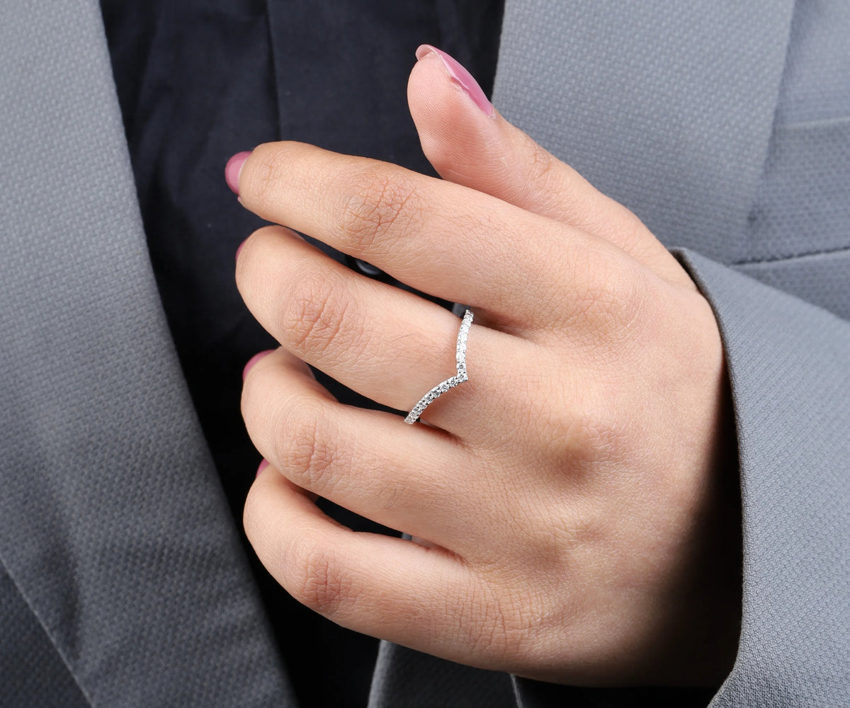 Chevron V-Shape Pavé Round Gemstone Wedding Band