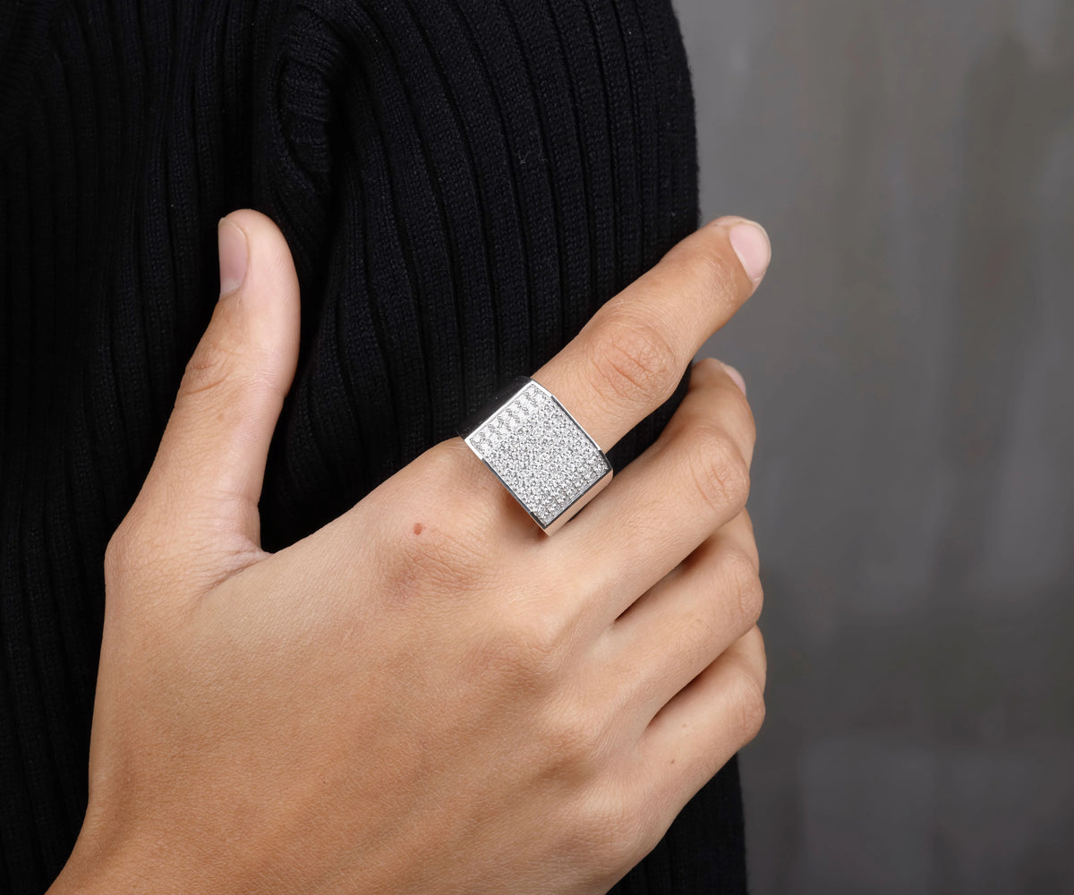 Men's Pavé Signet Round Shape Gemstone Wedding Ring
