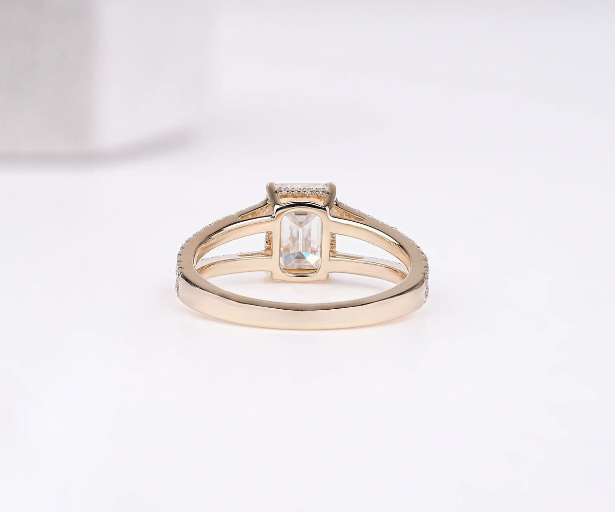 Hidden Halo Split Shank Emerald Shape Lab Diamond Engagement Ring