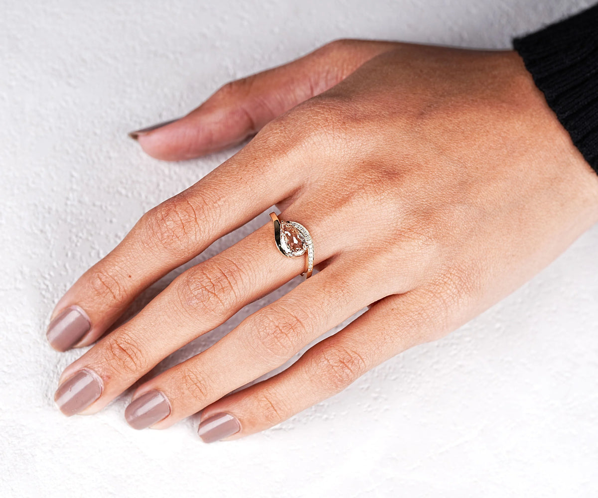 East-West Bypass Pavé Fancy Champagne Pear Shape Lab Diamond Engagement Ring