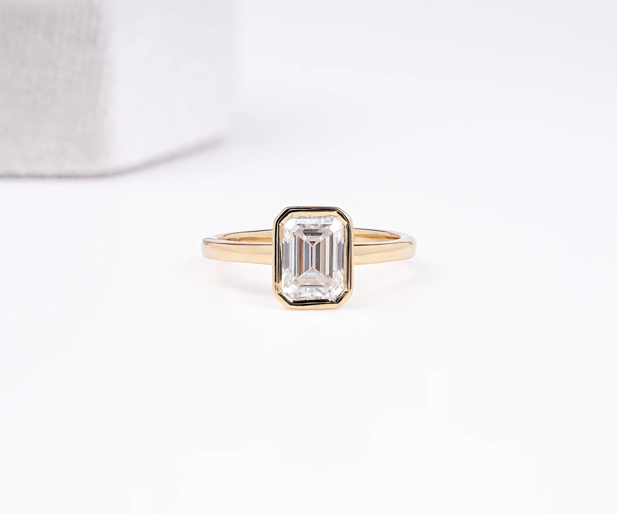 Solitaire Bezel Emerald Shape Lab Diamond Engagement Ring