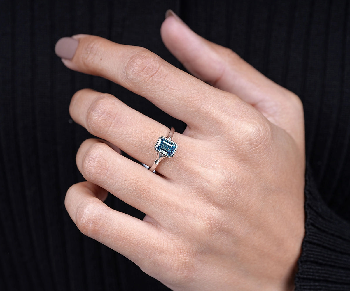 Solitaire Bezel Split Shank Fancy Blue Emerald Lab Diamond Engagement Ring