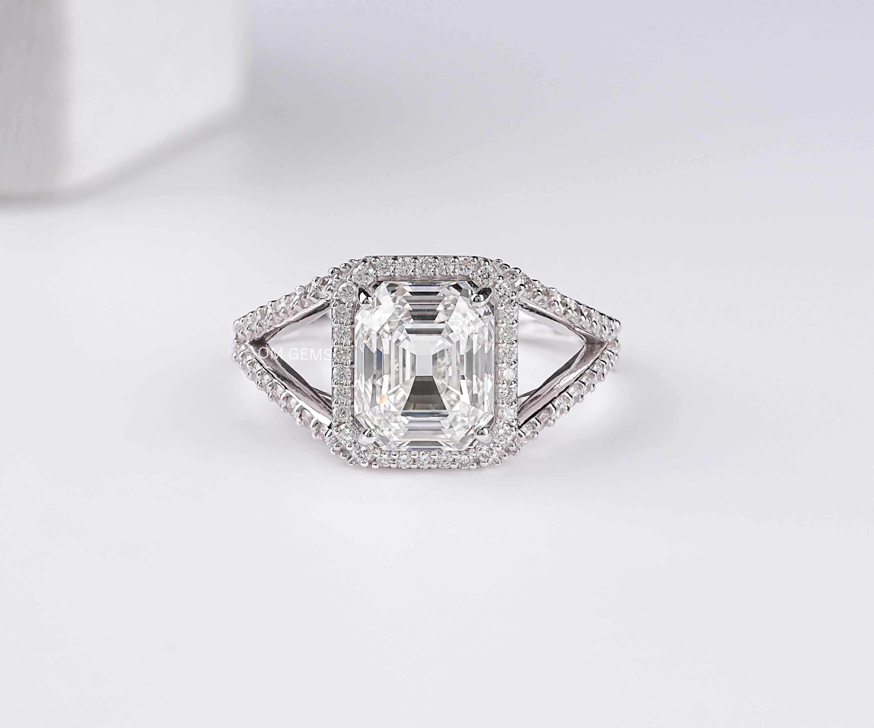 Halo Square Emerald Cut Lab Grown Diamond Split Shank Ring