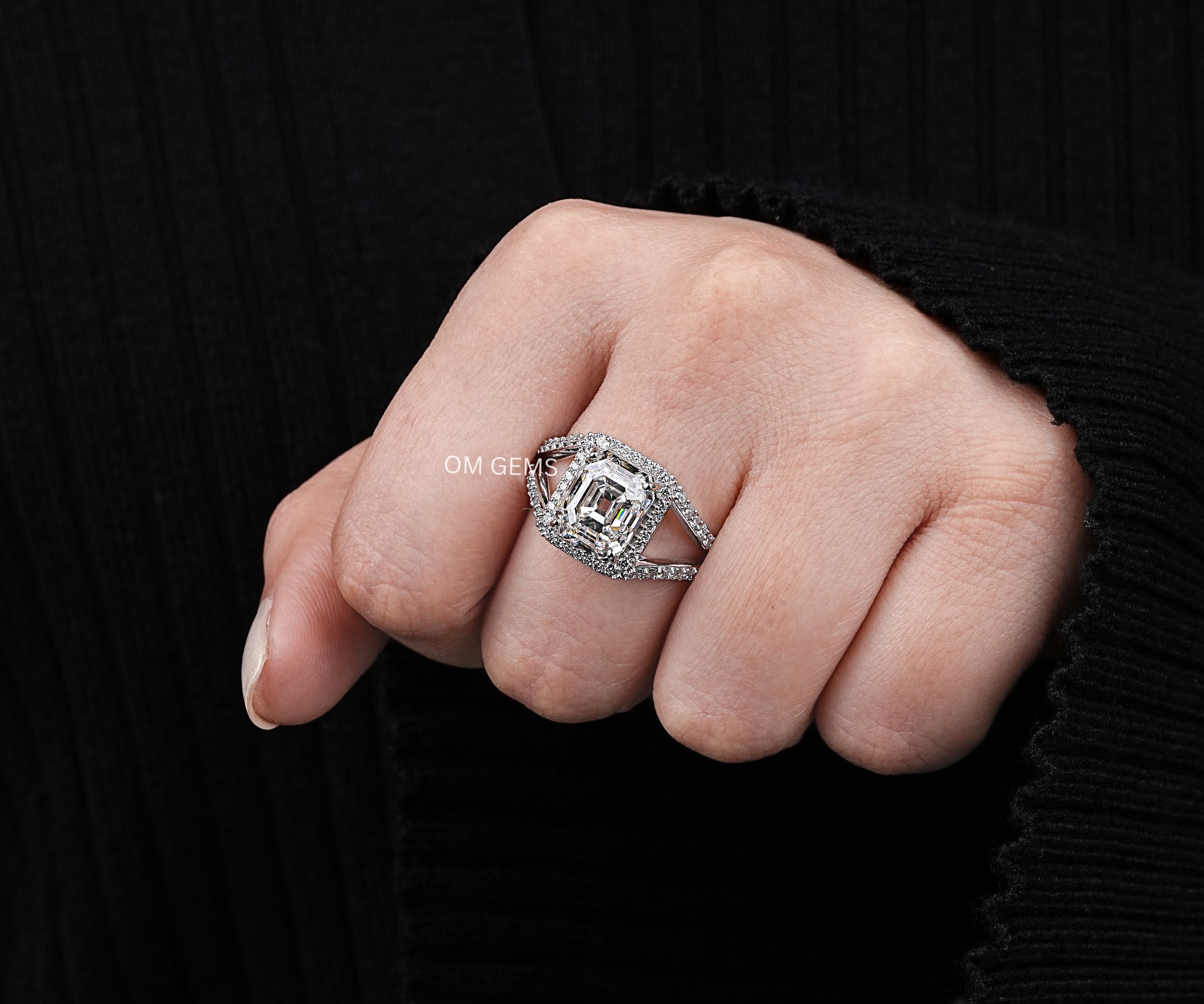 Square Emerald Lab Grown Diamond Split Shank Ring For Women