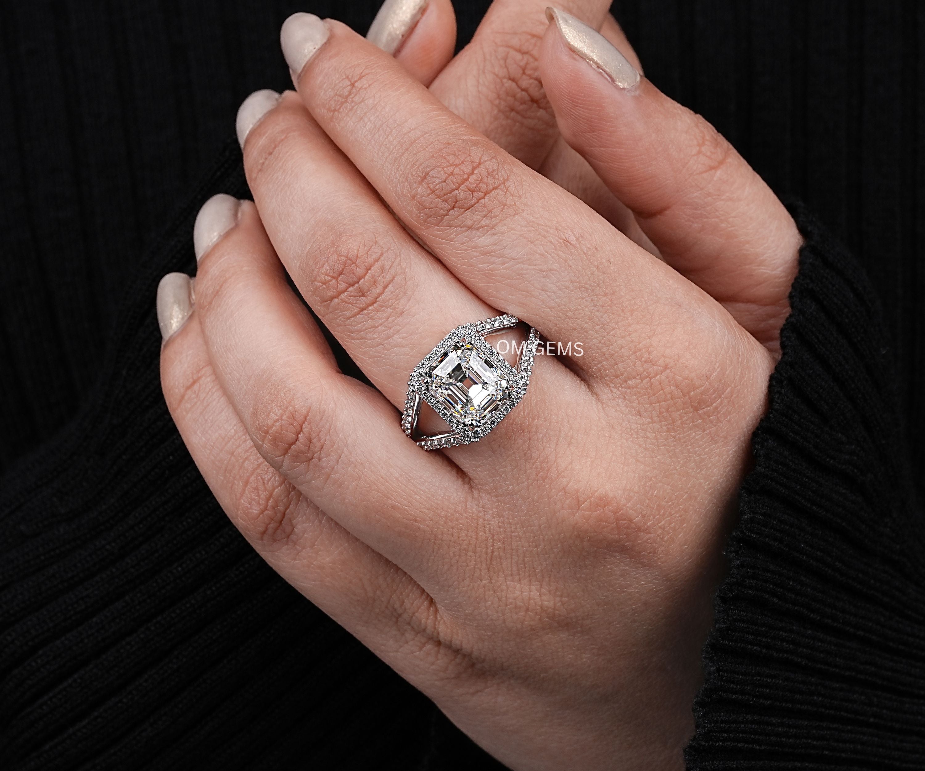 Square Emerald Cut Lab Grown Diamond Halo Ring