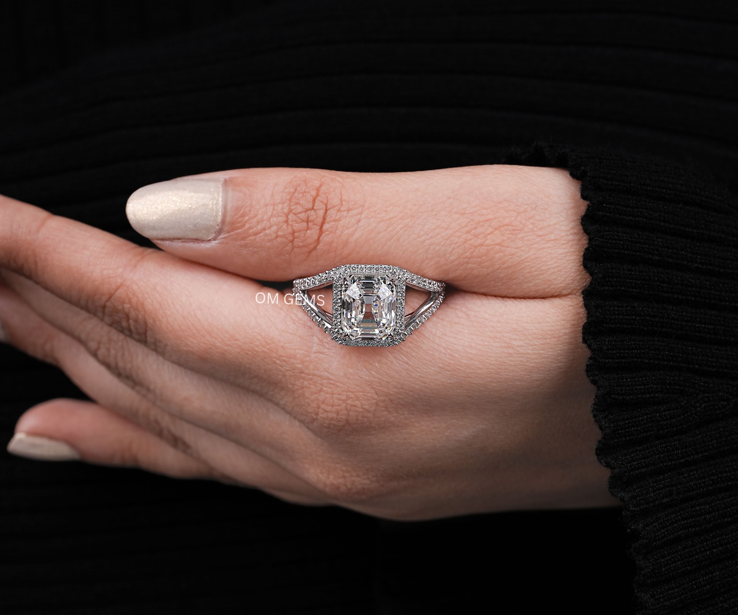 18k White Gold Lab Grown Square Emerald Cut Diamond Halo Ring