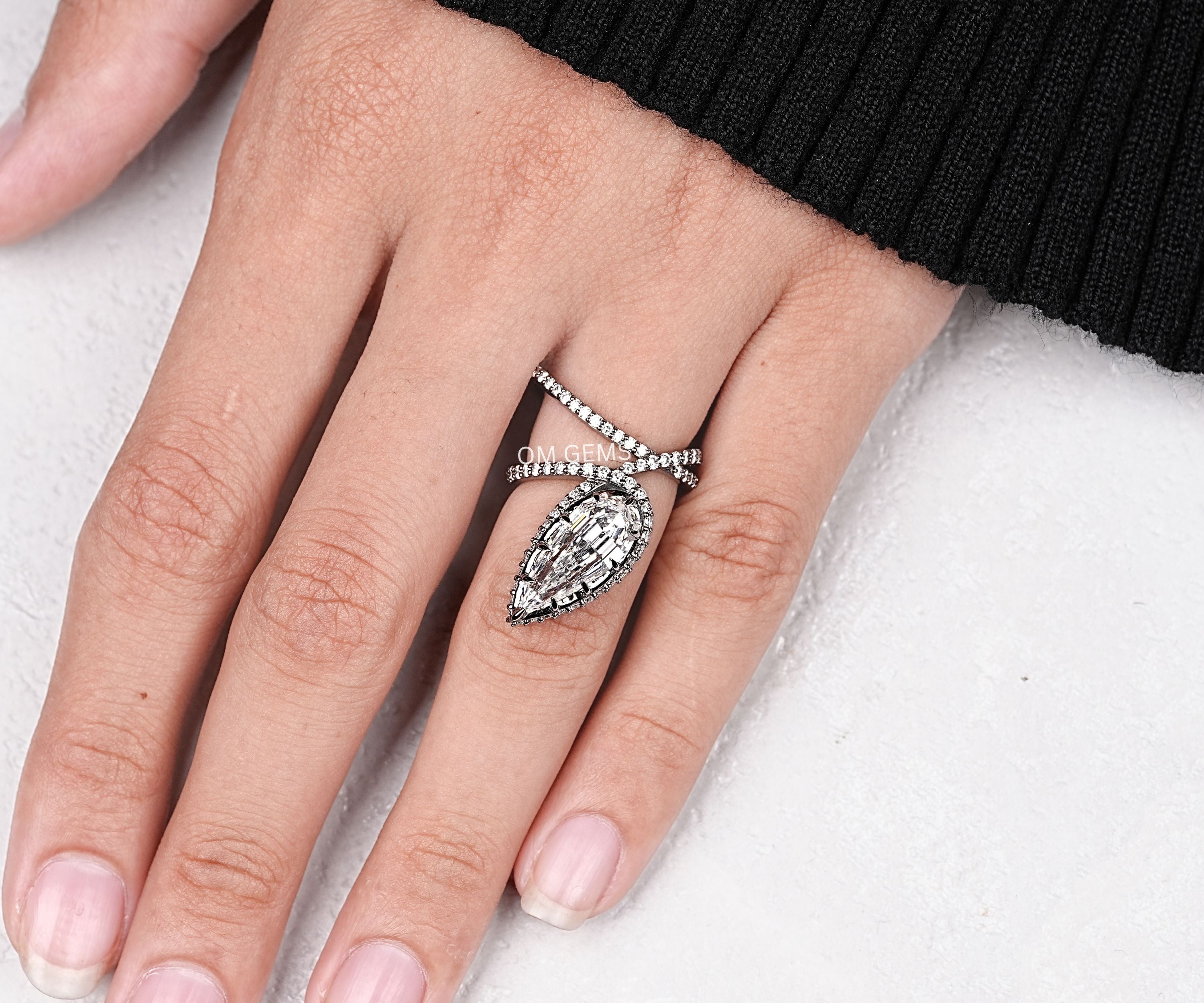 Lab Grown Step Cut Pear Diamond Open Wrap Serpent Ring