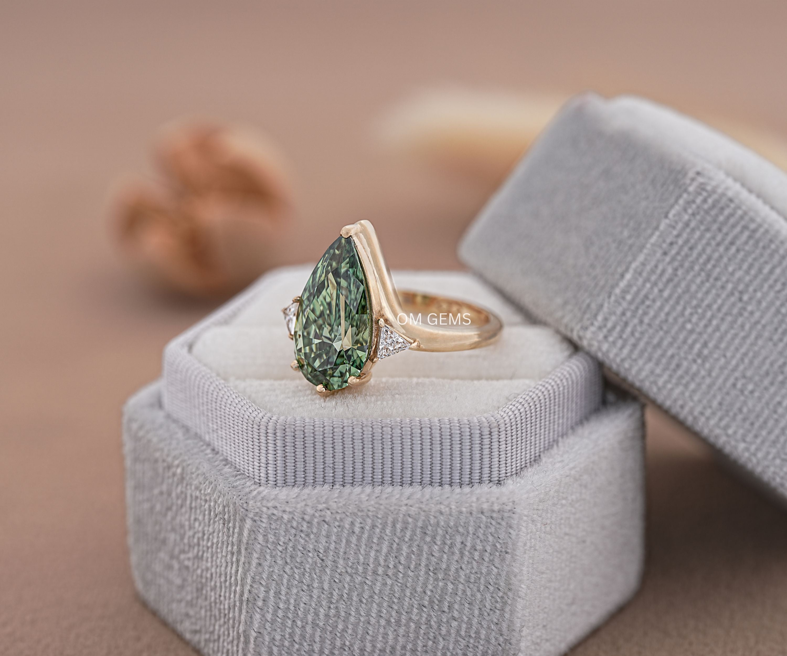 Green Pear and Triangle Lab Grown Diamond Three Stone Ring