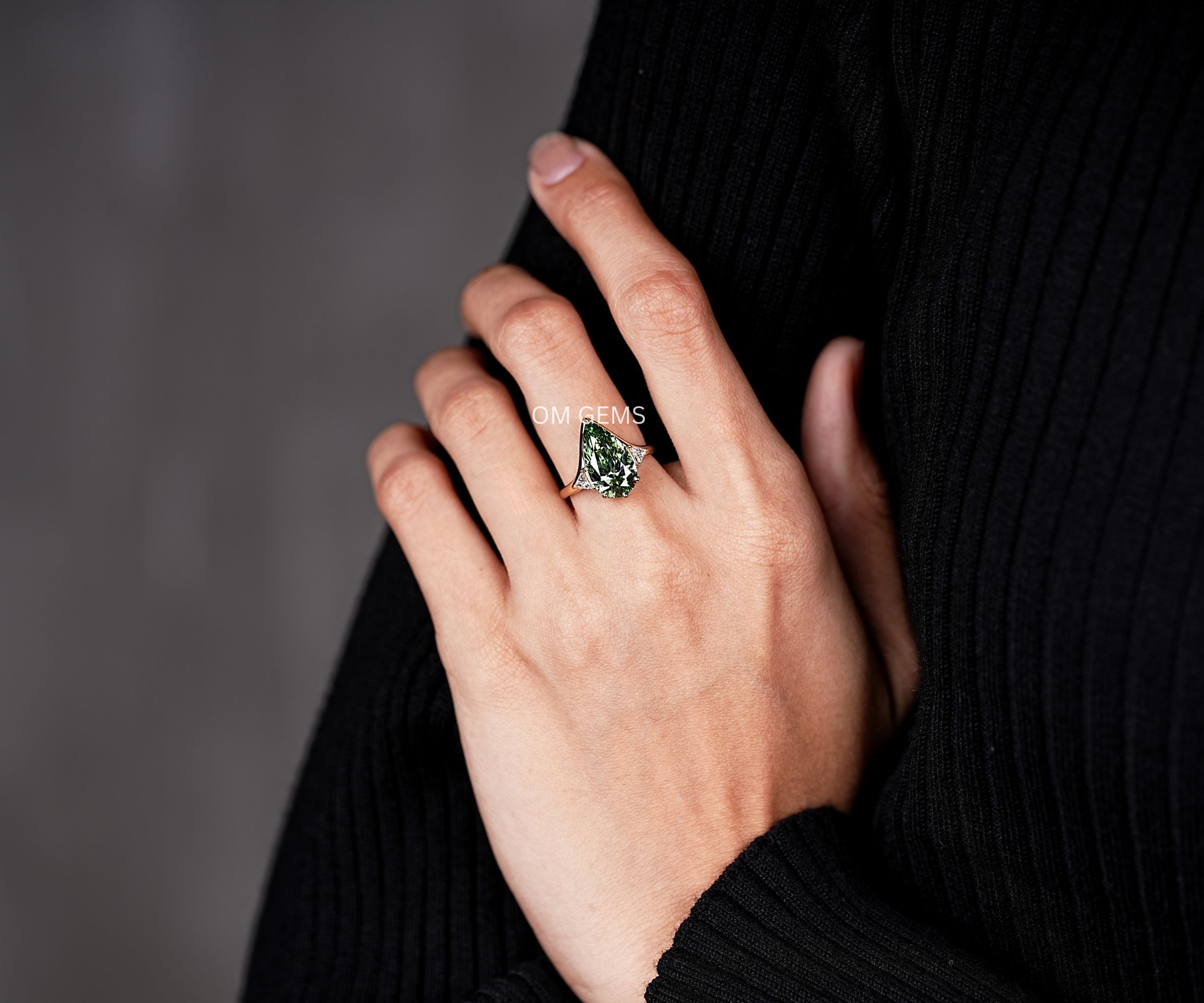 Lab Grown Green Pear and Triangle Diamond Three Stone Ring