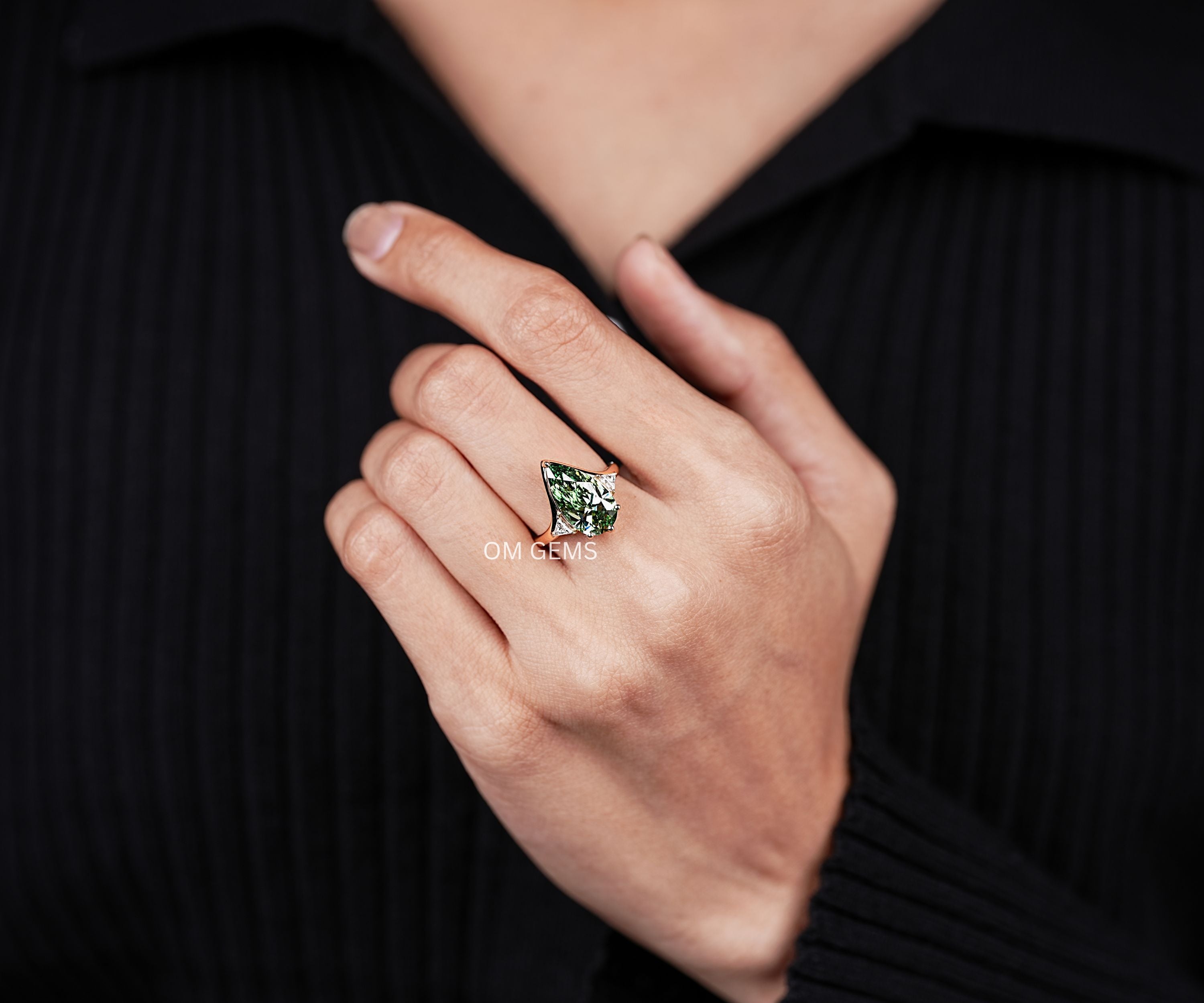 Green Pear and Triangle Cut Three Stone Engagement Ring