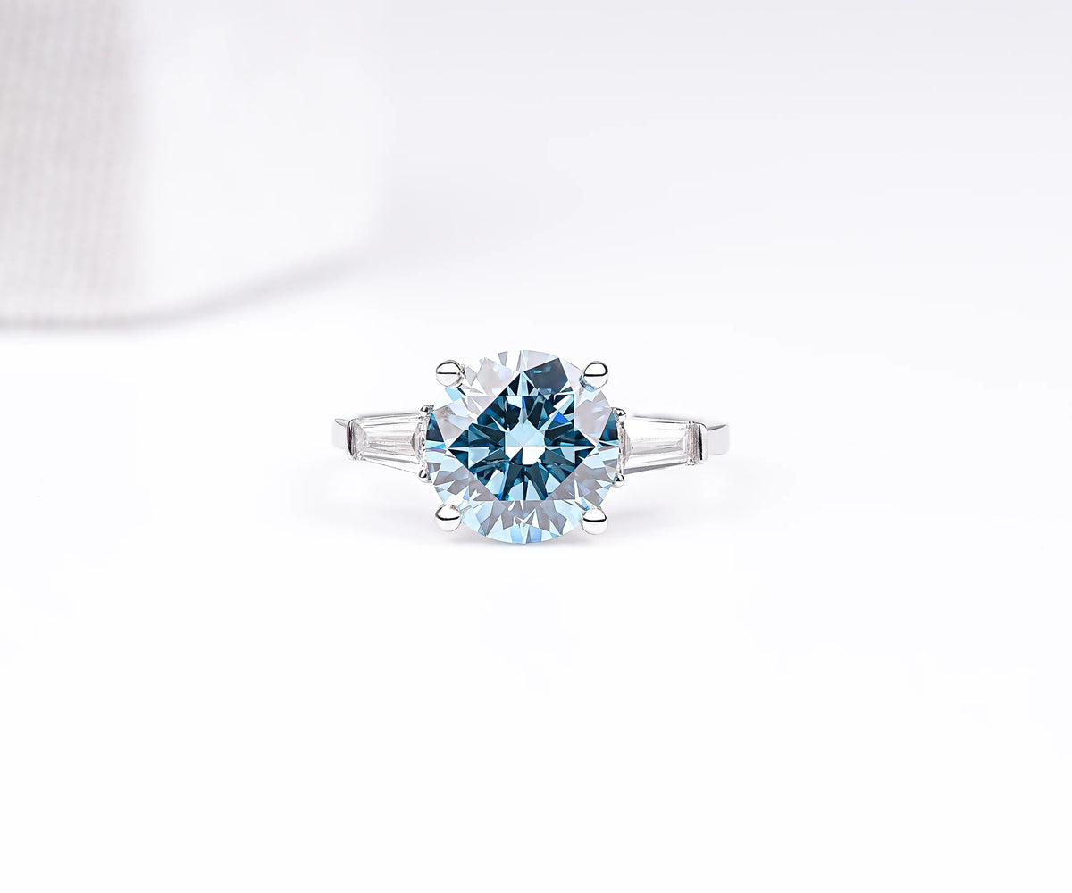 Three Stone Fancy Blue Round Shape Lab Diamond Engagement Ring