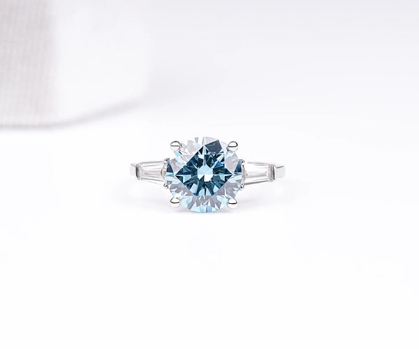Three Stone Fancy Blue Round Shape Lab Diamond Engagement Ring