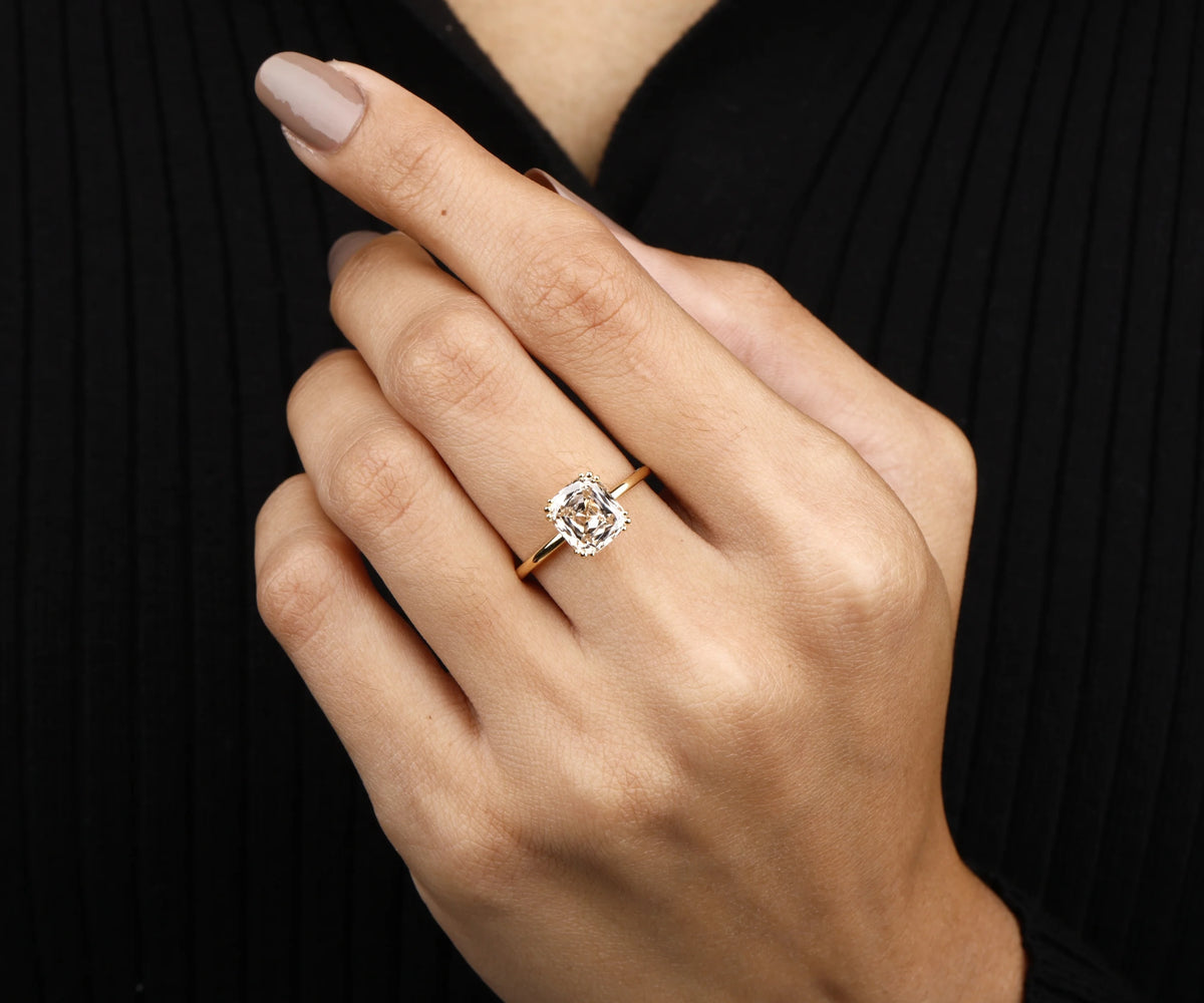 Solitaire Three Prong Fancy Champagne Cushion Shape Lab Diamond Engagement Ring
